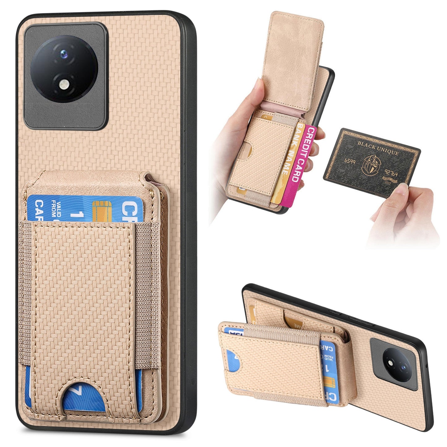vivo Y02 Vertical Flip Wallet Stand Phone Case with Carbon Fibre Pattern