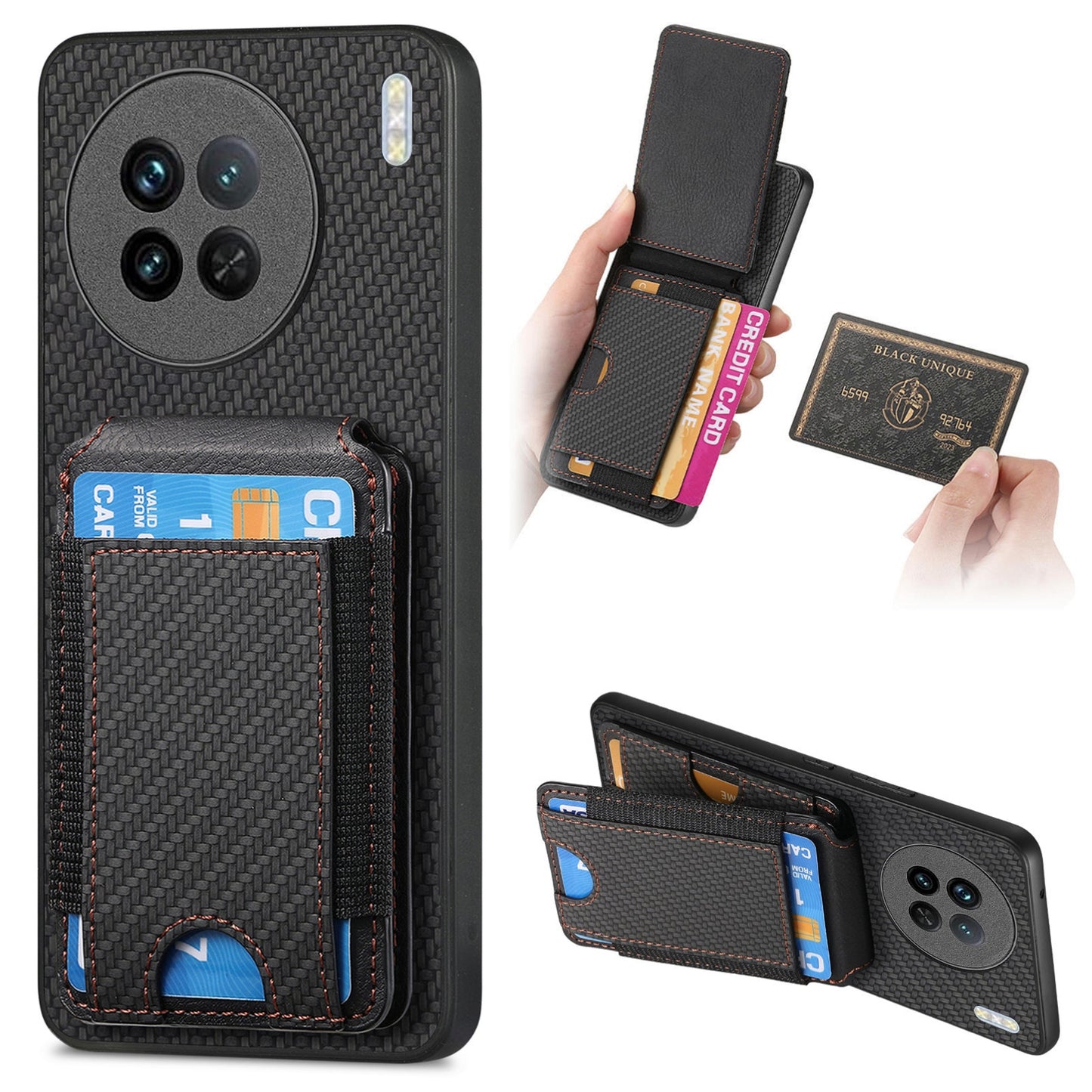 vivo X90 Vertical Flip Wallet Stand Phone Case with Carbon Fibre Pattern