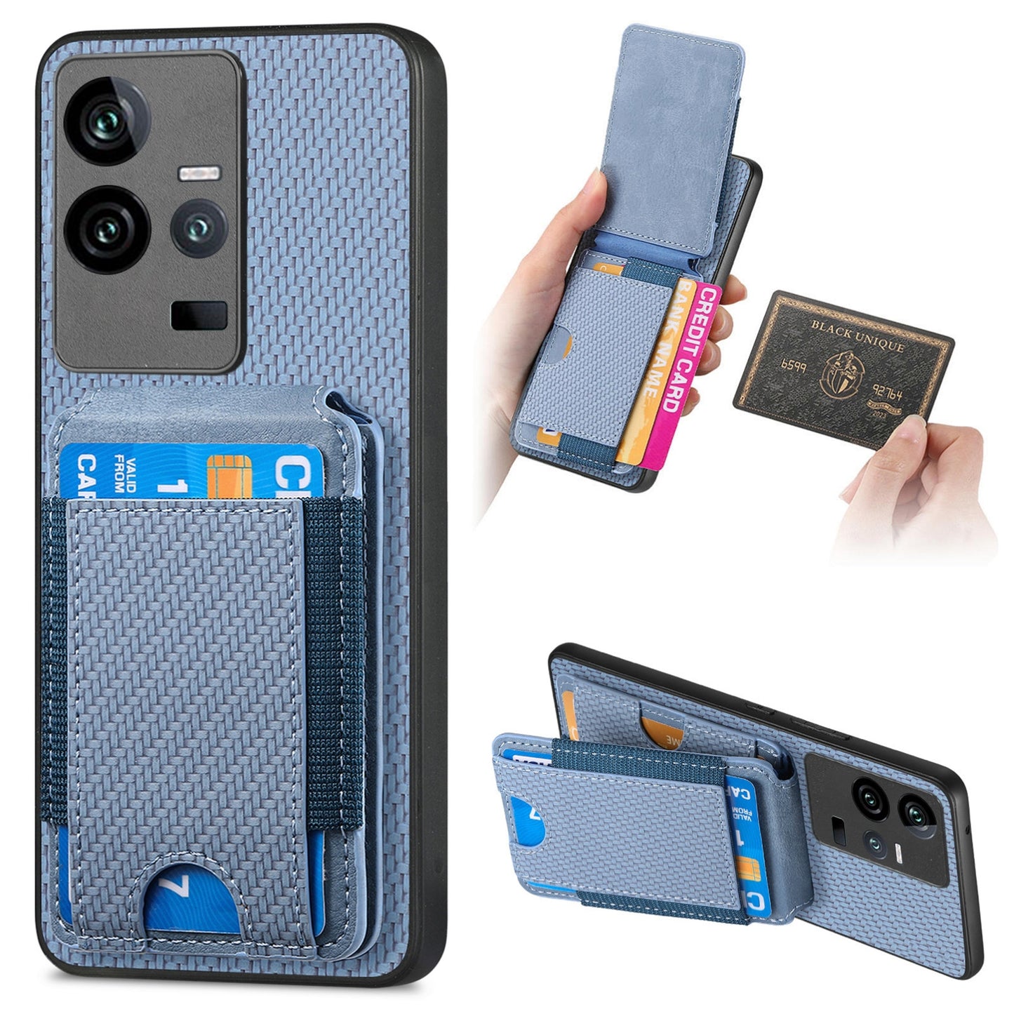 vivo iQOO 11 5G Vertical Flip Wallet Stand Phone Case with Carbon Fibre Pattern