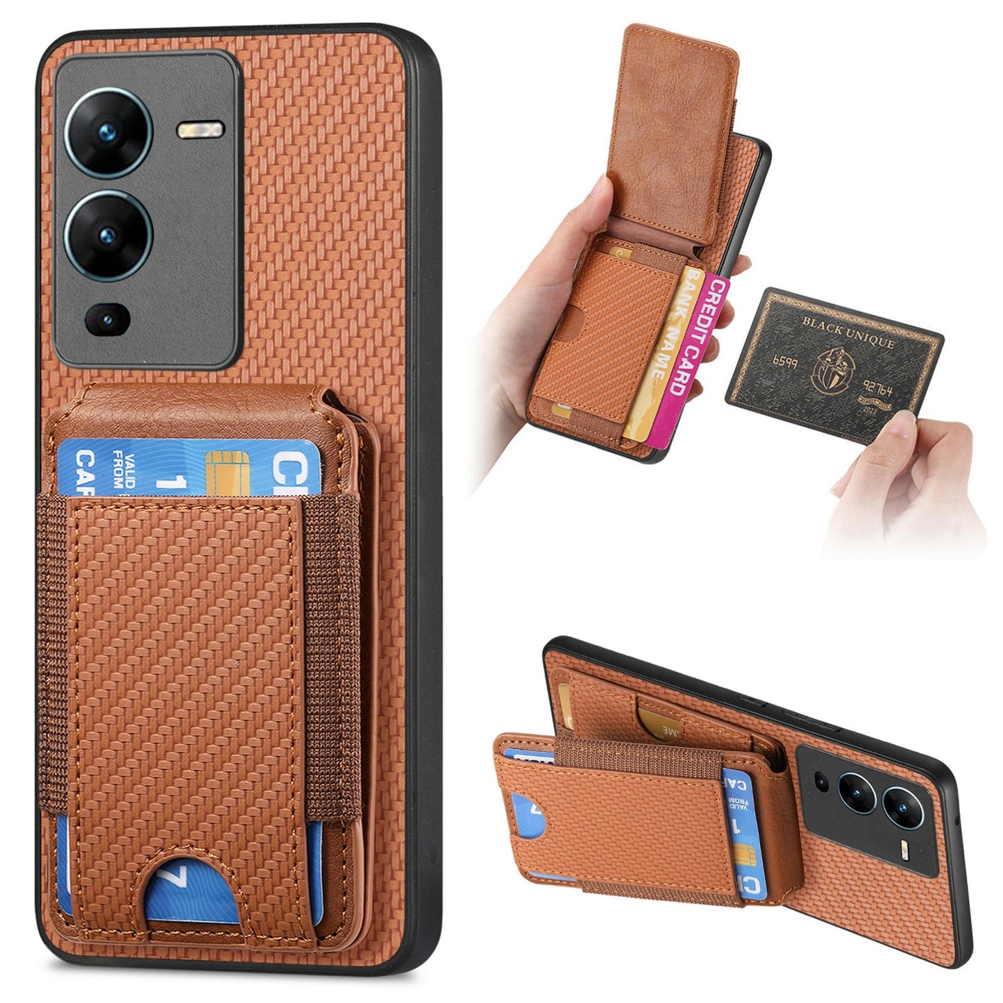 vivo V25 Pro Vertical Flip Wallet Stand Phone Case with Carbon Fibre Pattern