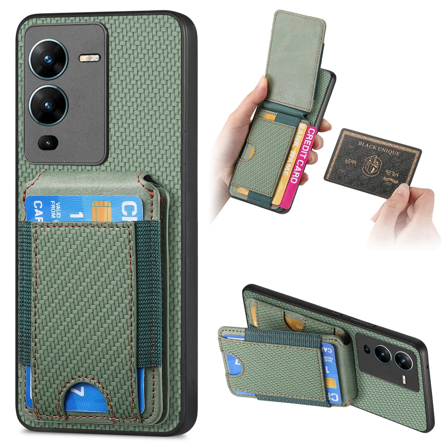 vivo V25 Pro Vertical Flip Wallet Stand Phone Case with Carbon Fibre Pattern