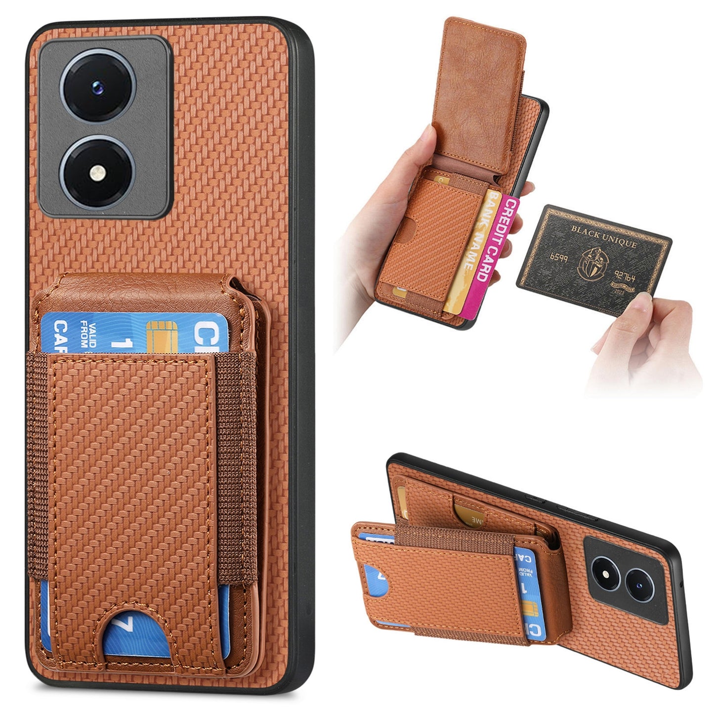 vivo Y02s Vertical Flip Wallet Stand Phone Case with Carbon Fibre Pattern