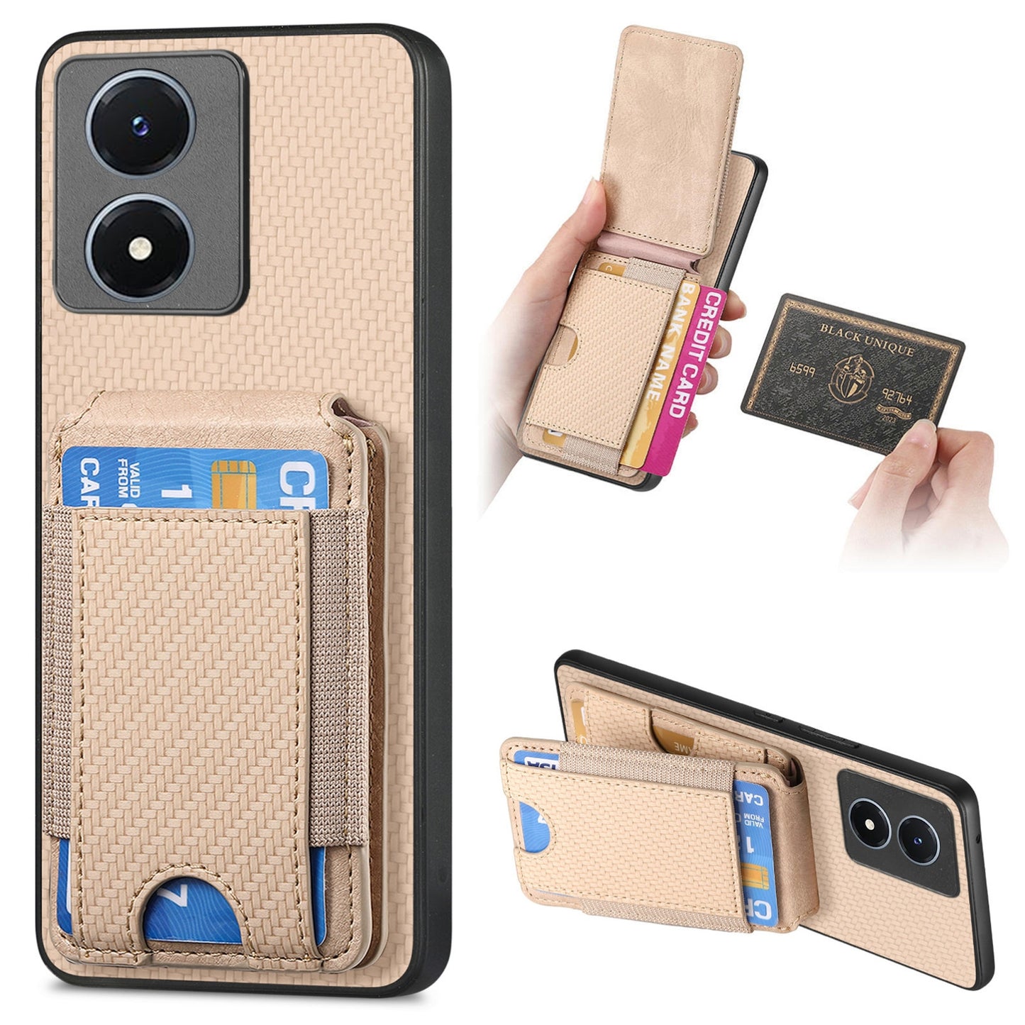vivo Y02s Vertical Flip Wallet Stand Phone Case with Carbon Fibre Pattern