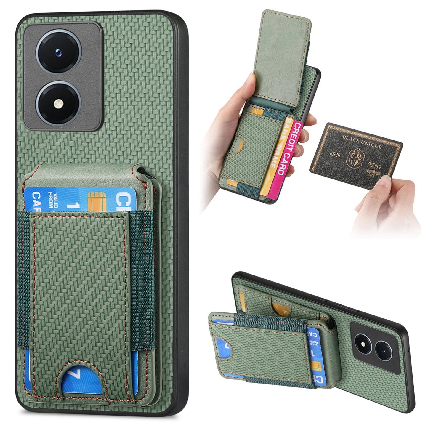 vivo Y02s Vertical Flip Wallet Stand Phone Case with Carbon Fibre Pattern