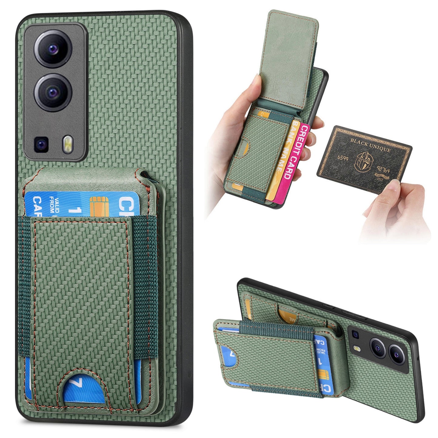 For vivo Y72 5G Vertical Flip Wallet Stand Phone Case with Carbon Fibre Pattern