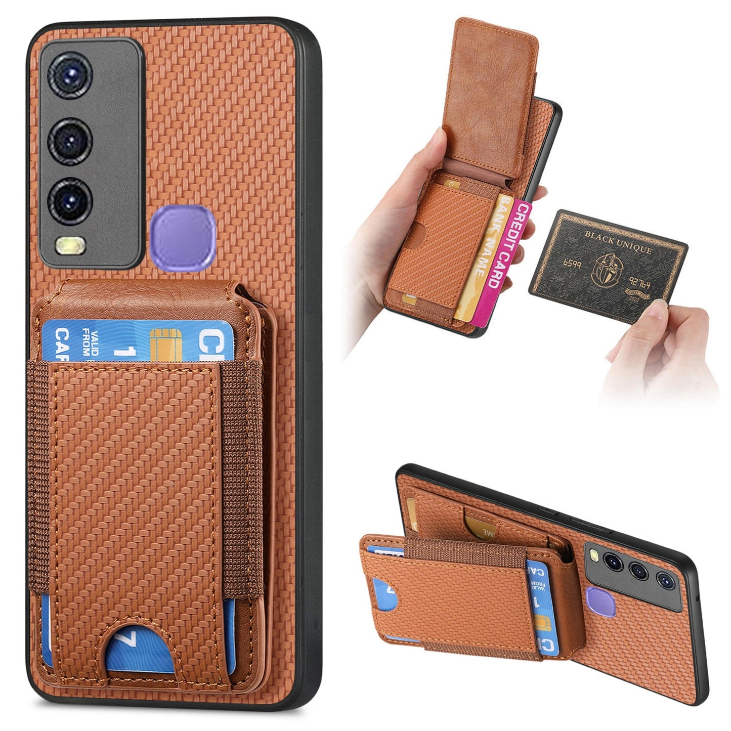 For vivo Y50 Vertical Flip Wallet Stand Phone Case with Carbon Fibre Pattern