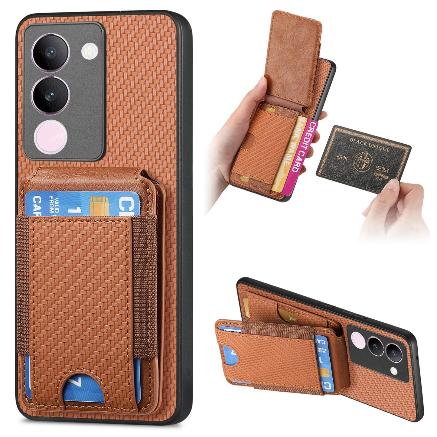vivo V29 Vertical Flip Wallet Stand Phone Case with Carbon Fibre Pattern