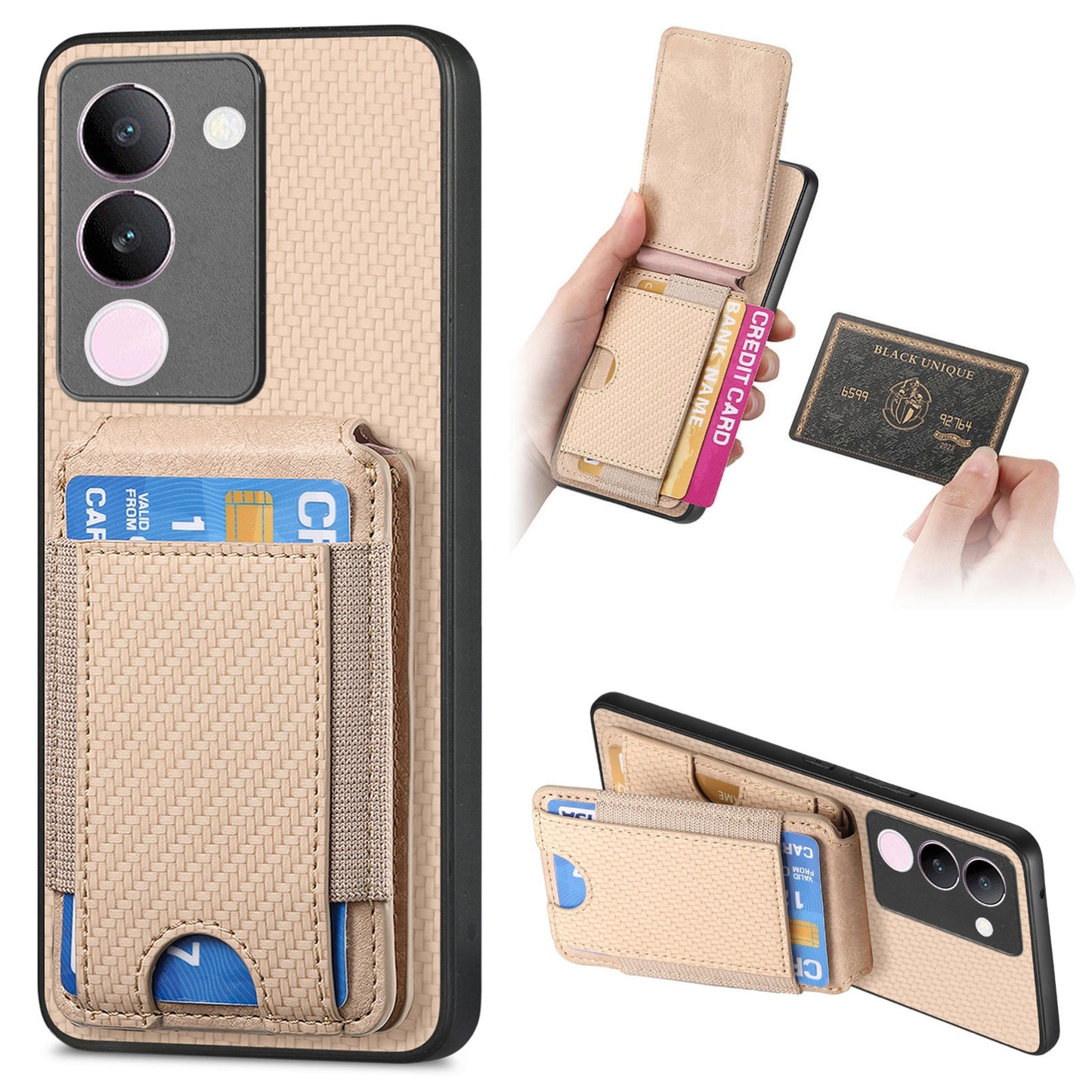 vivo V29 Vertical Flip Wallet Stand Phone Case with Carbon Fibre Pattern