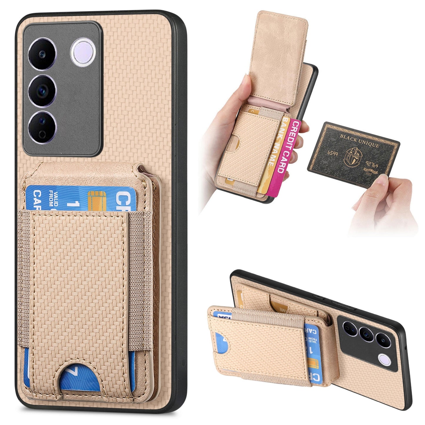 vivo V27E Vertical Flip Wallet Stand Phone Case with Carbon Fibre Pattern