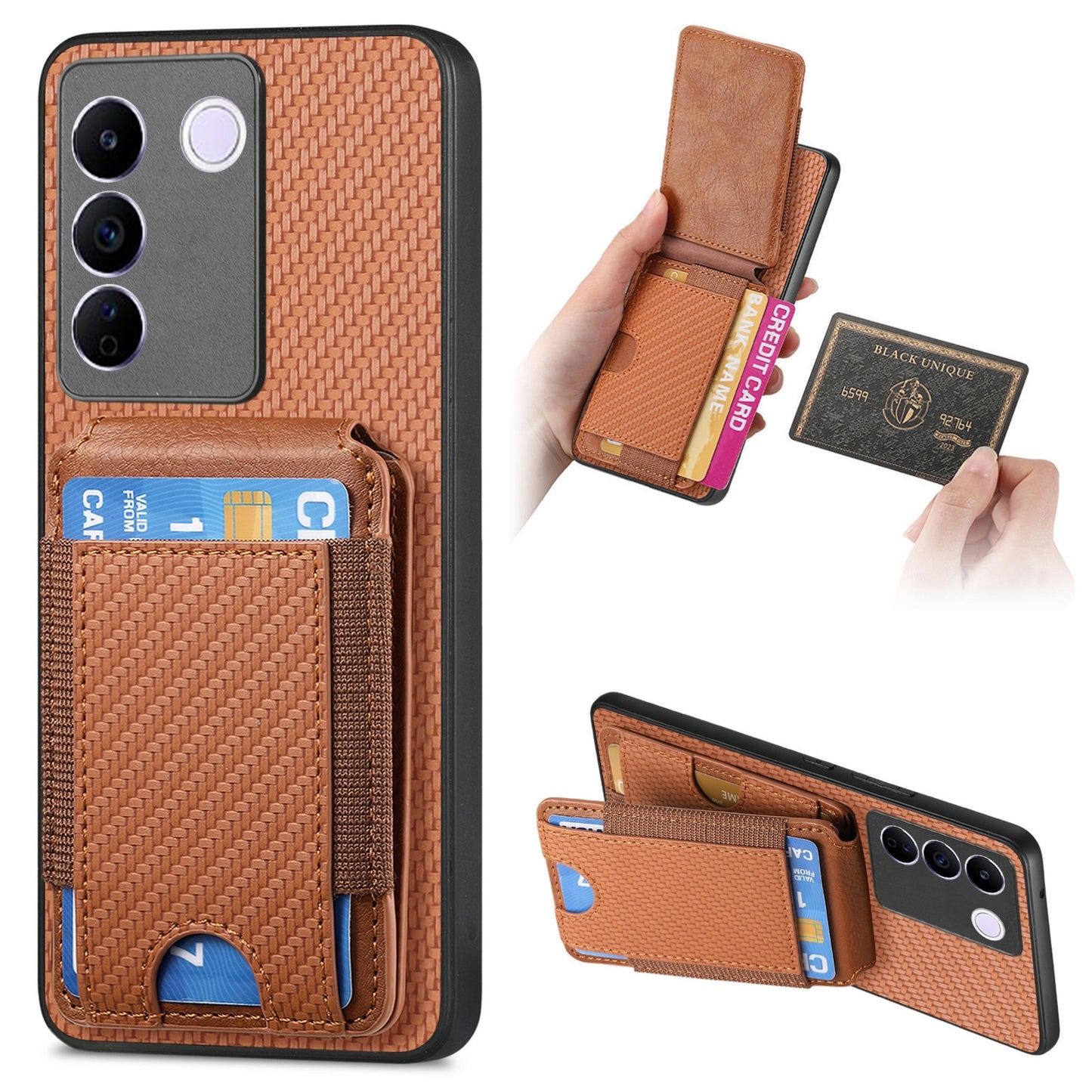 vivo V27 Vertical Flip Wallet Stand Phone Case with Carbon Fibre Pattern