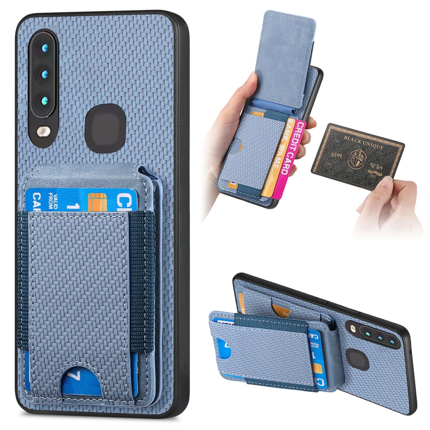 vivo Y15 Vertical Flip Wallet Stand Phone Case with Carbon Fibre Pattern