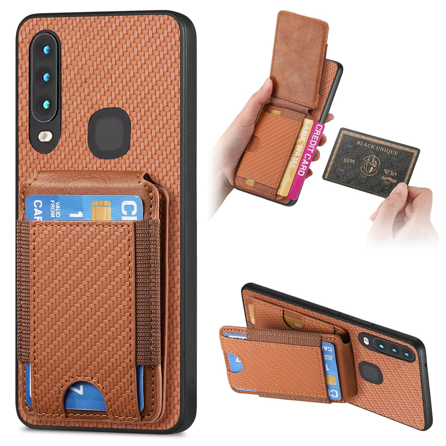 vivo Y15 Vertical Flip Wallet Stand Phone Case with Carbon Fibre Pattern