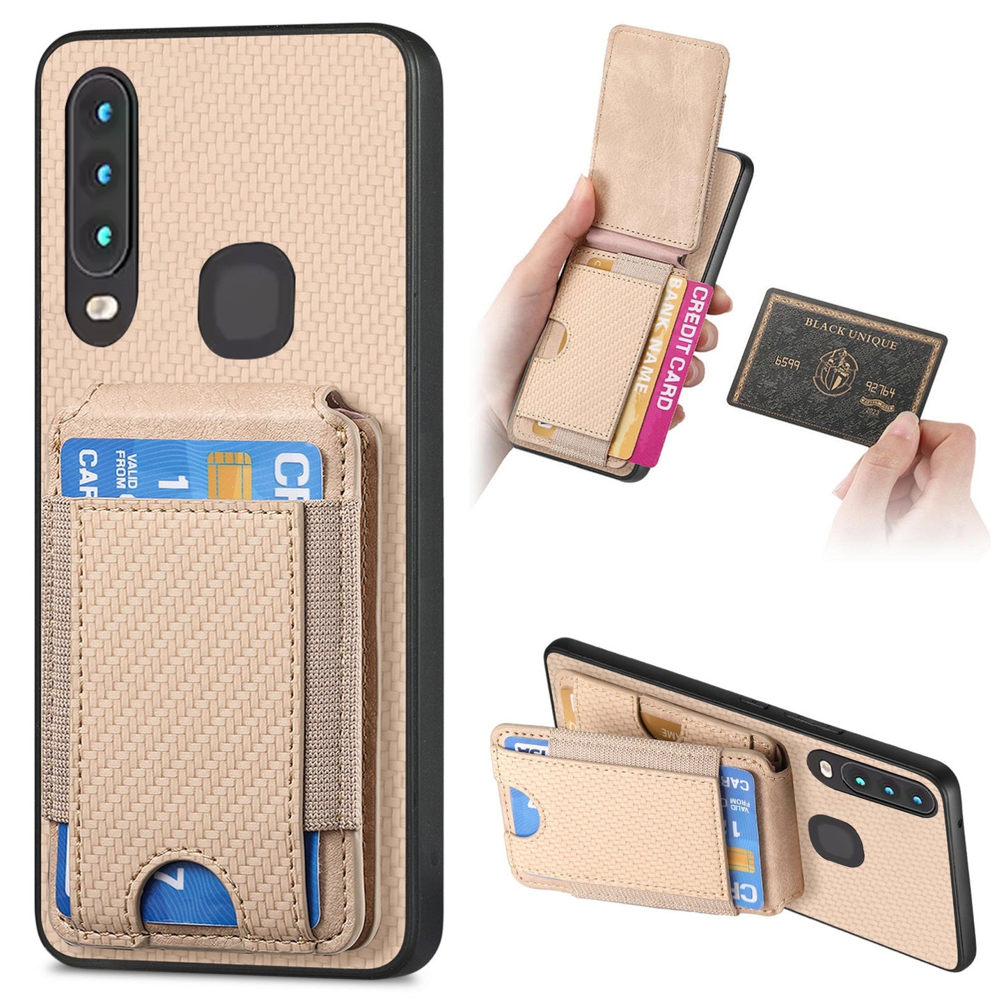 vivo Y15 Vertical Flip Wallet Stand Phone Case with Carbon Fibre Pattern