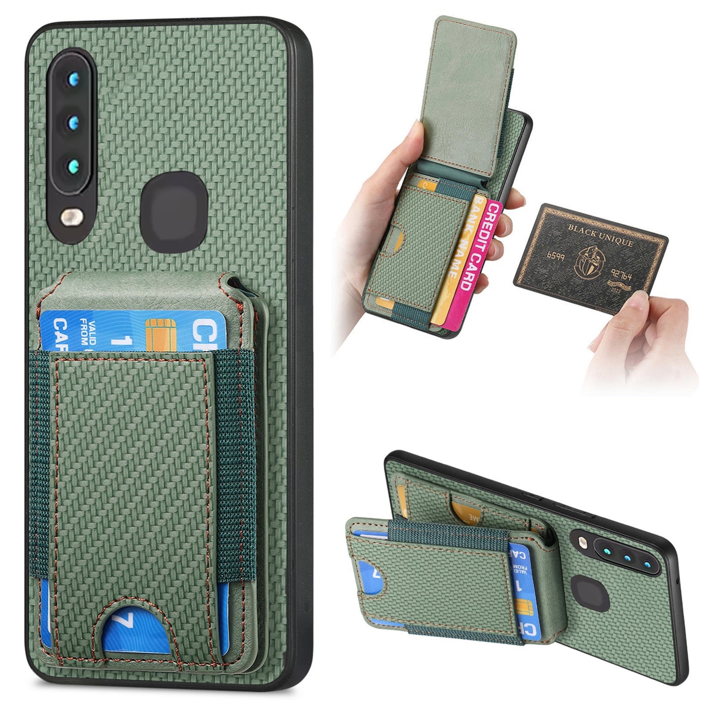 For vivo Y3 Vertical Flip Wallet Stand Phone Case with Carbon Fibre Pattern