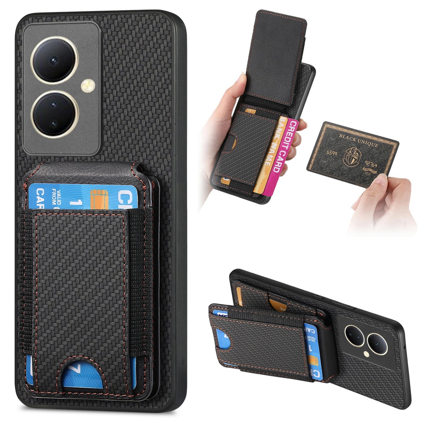 vivo V29 Lite Vertical Flip Wallet Stand Phone Case with Carbon Fibre Pattern