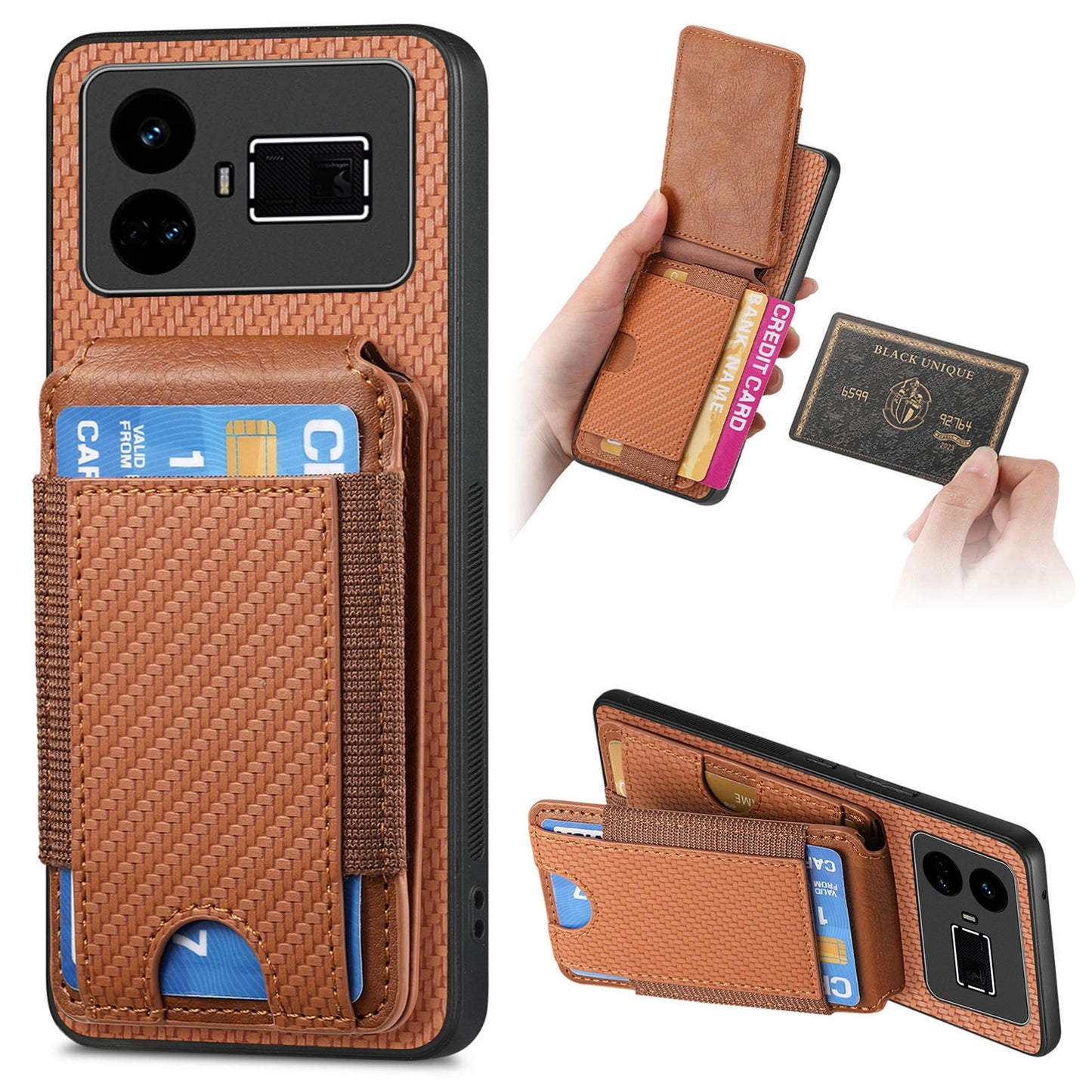 Realme GT5 Vertical Flip Wallet Stand Phone Case with Carbon Fibre Pattern