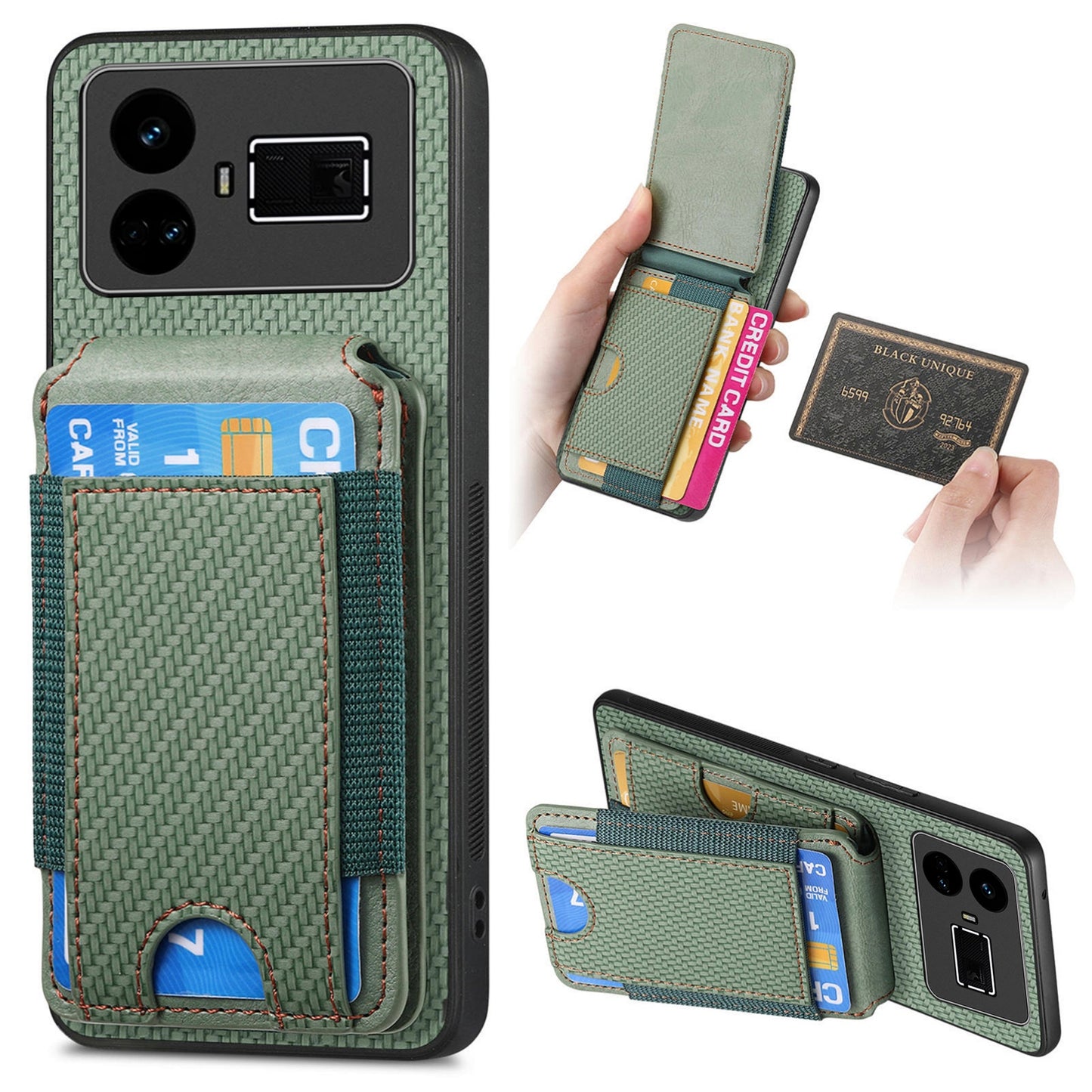 Realme GT5 Vertical Flip Wallet Stand Phone Case with Carbon Fibre Pattern