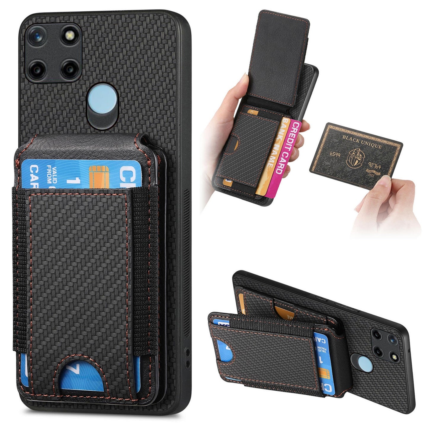 Realme C21Y Vertical Flip Wallet Stand Phone Case with Carbon Fibre Pattern