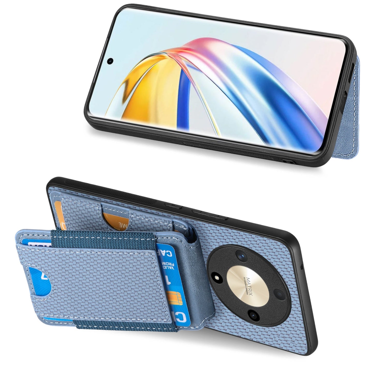 Honor Magic4 5G Vertical Flip Wallet Stand Phone Case with Carbon Fibre Pattern