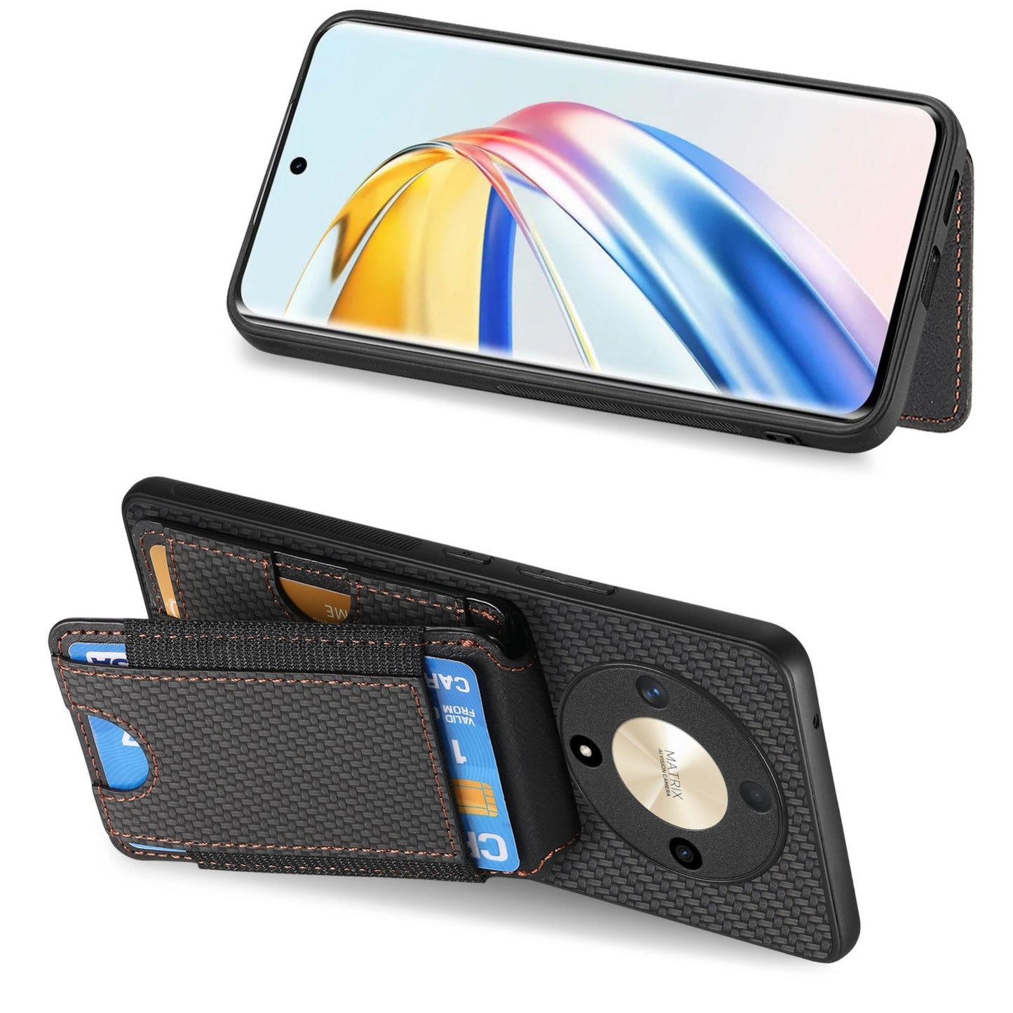 Honor Magic4 5G Vertical Flip Wallet Stand Phone Case with Carbon Fibre Pattern
