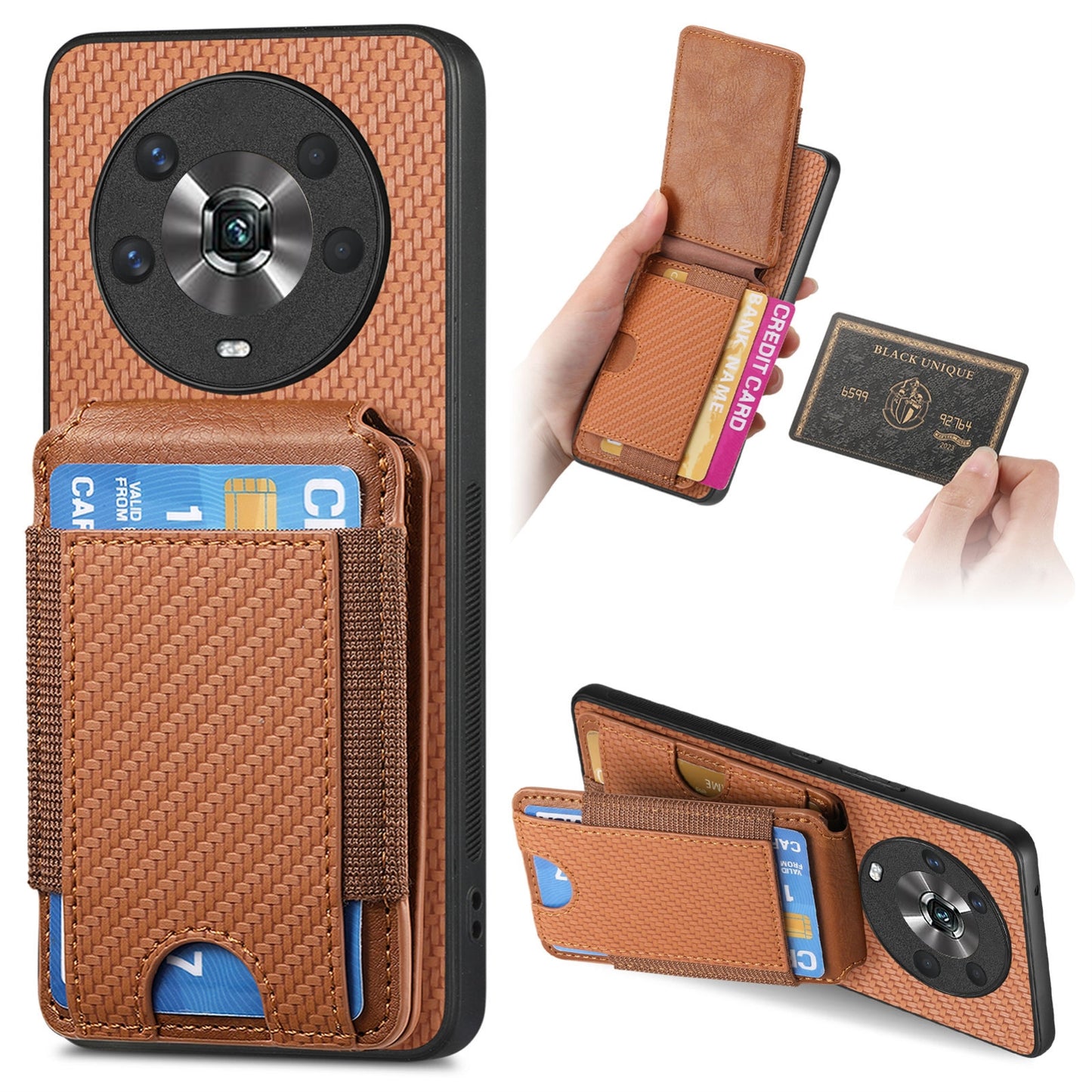 Honor Magic4 5G Vertical Flip Wallet Stand Phone Case with Carbon Fibre Pattern