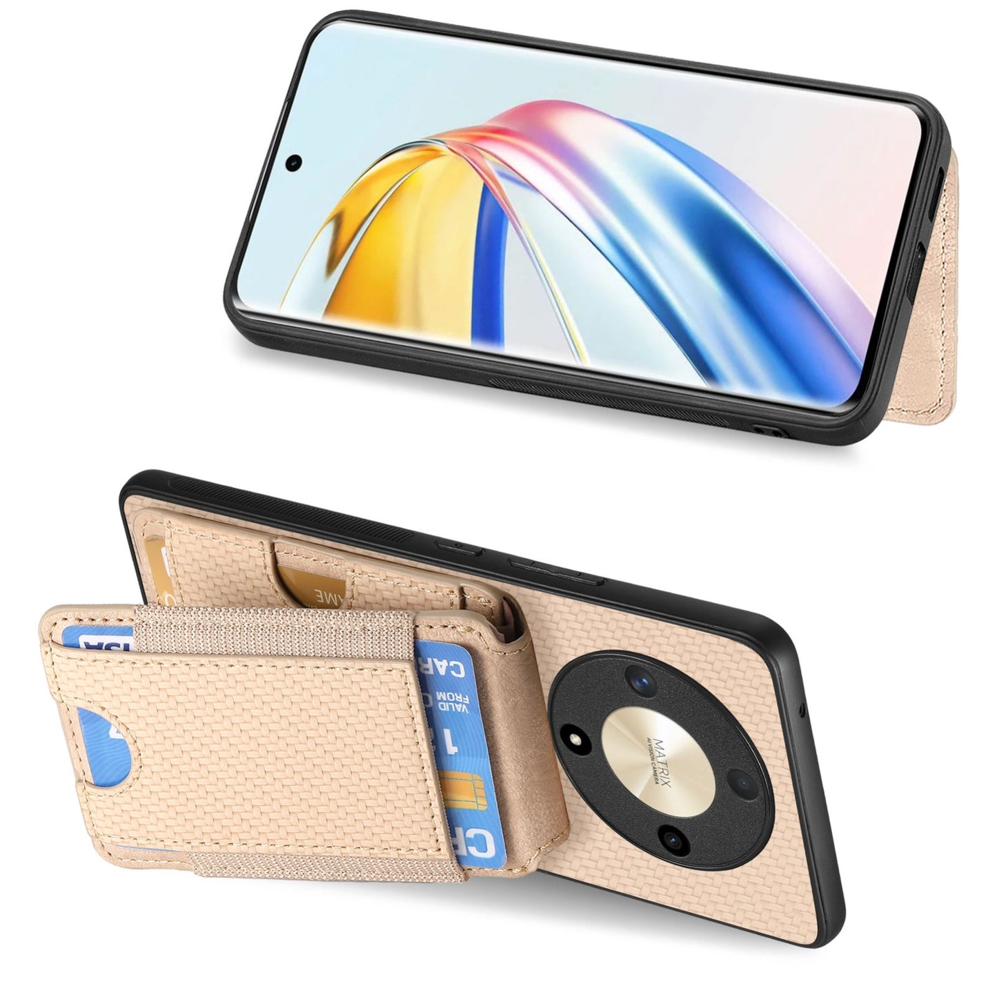 Honor Magic4 5G Vertical Flip Wallet Stand Phone Case with Carbon Fibre Pattern