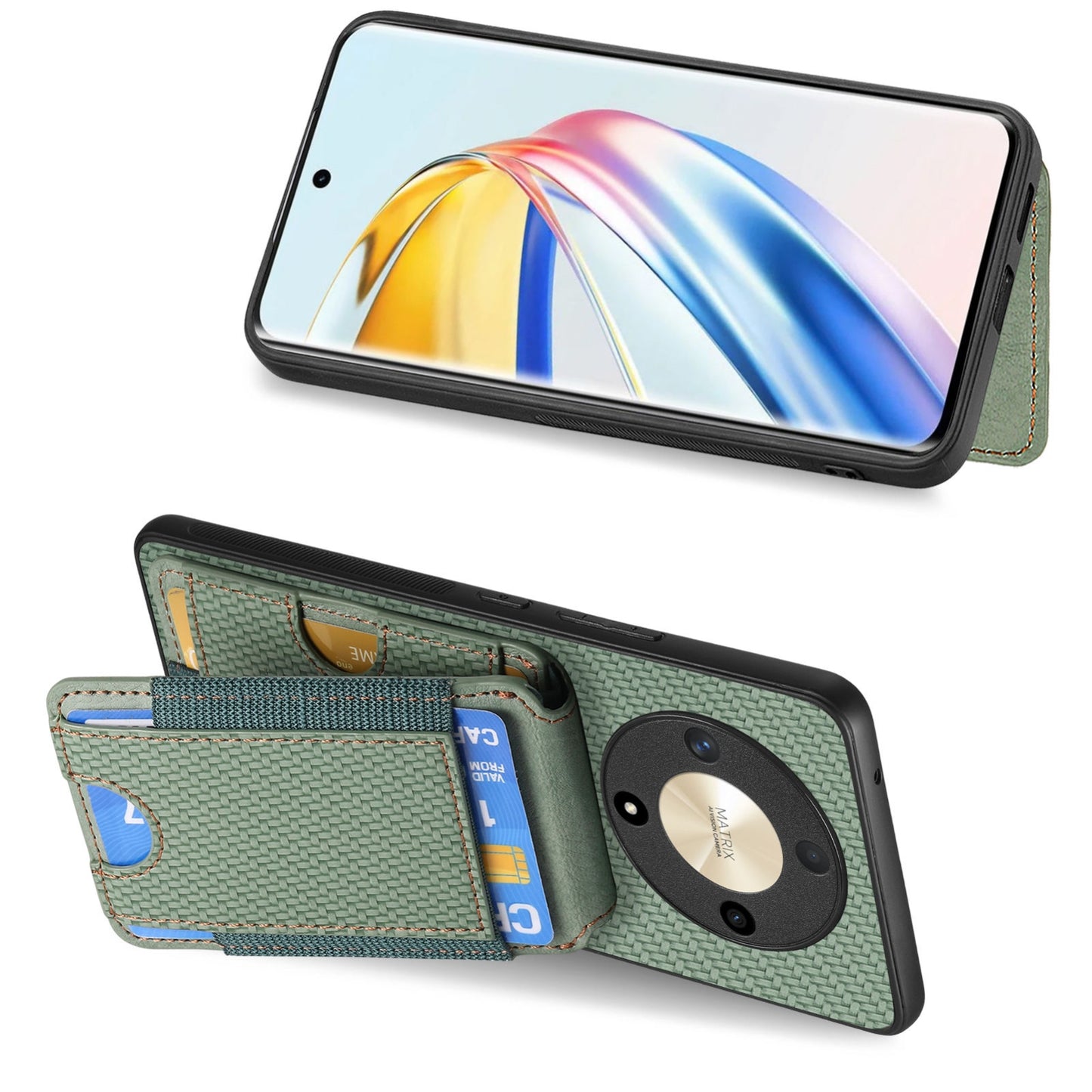 Honor Magic4 5G Vertical Flip Wallet Stand Phone Case with Carbon Fibre Pattern
