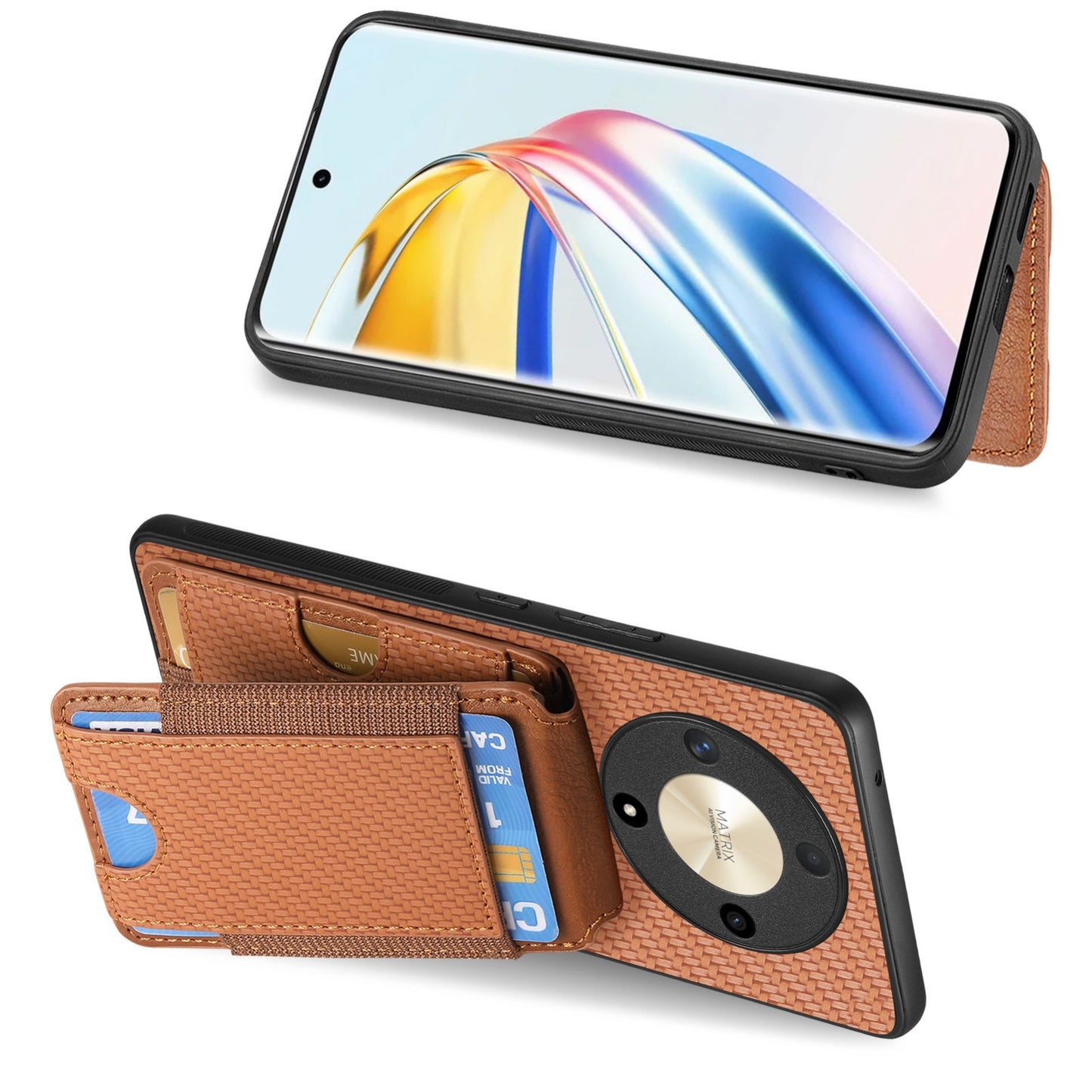 Honor Magic4 Pro Vertical Flip Wallet Stand Phone Case with Carbon Fibre Pattern