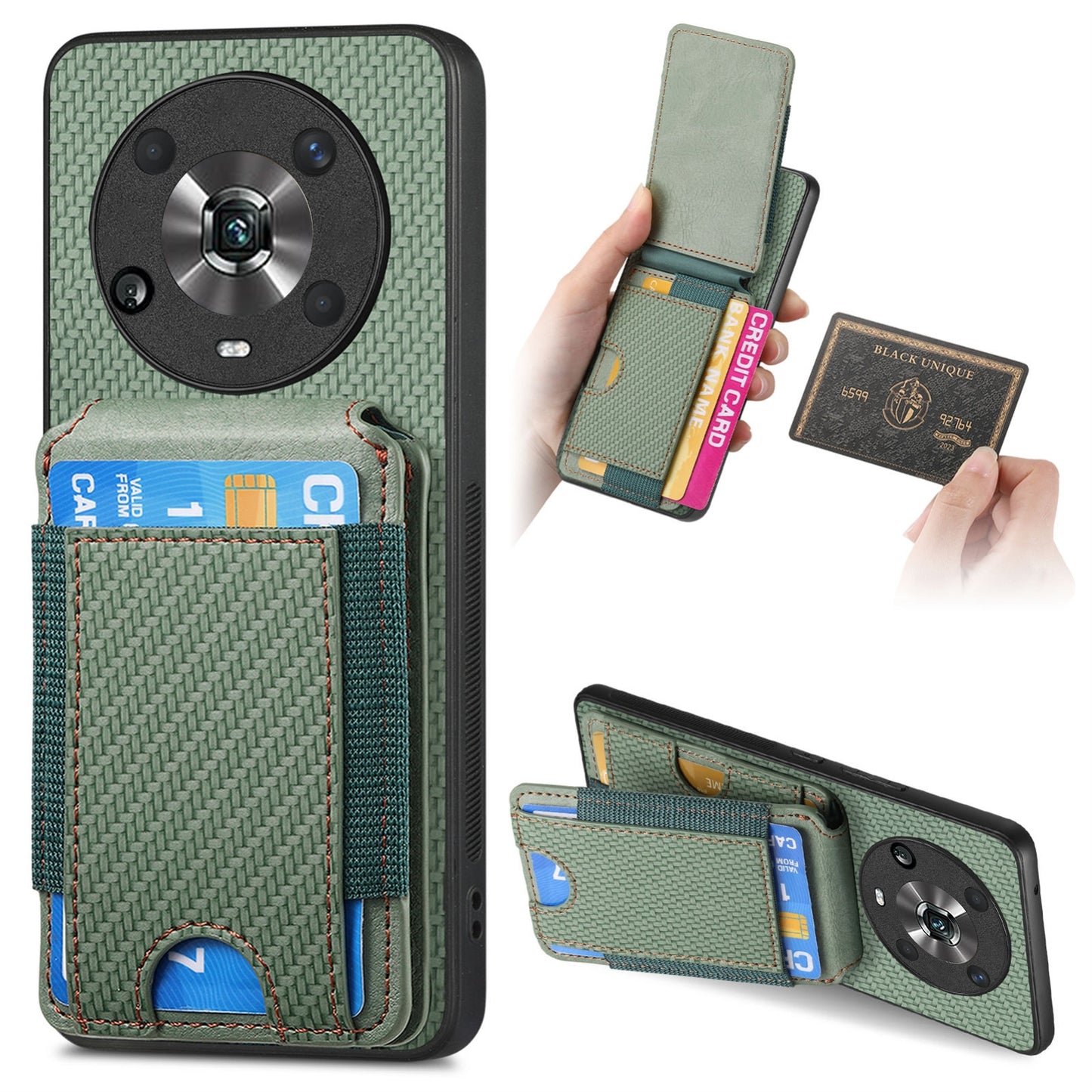Honor Magic4 Pro Vertical Flip Wallet Stand Phone Case with Carbon Fibre Pattern
