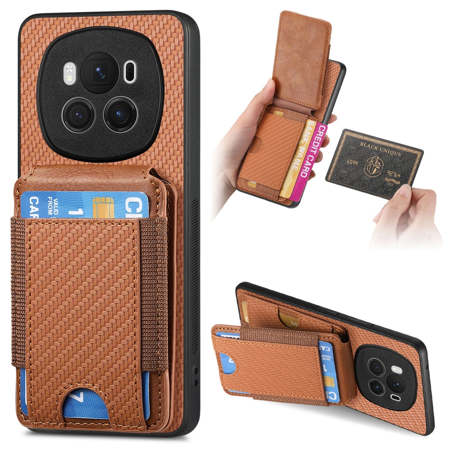 Honor Magic6 Vertical Flip Wallet Stand Phone Case with Carbon Fibre Pattern