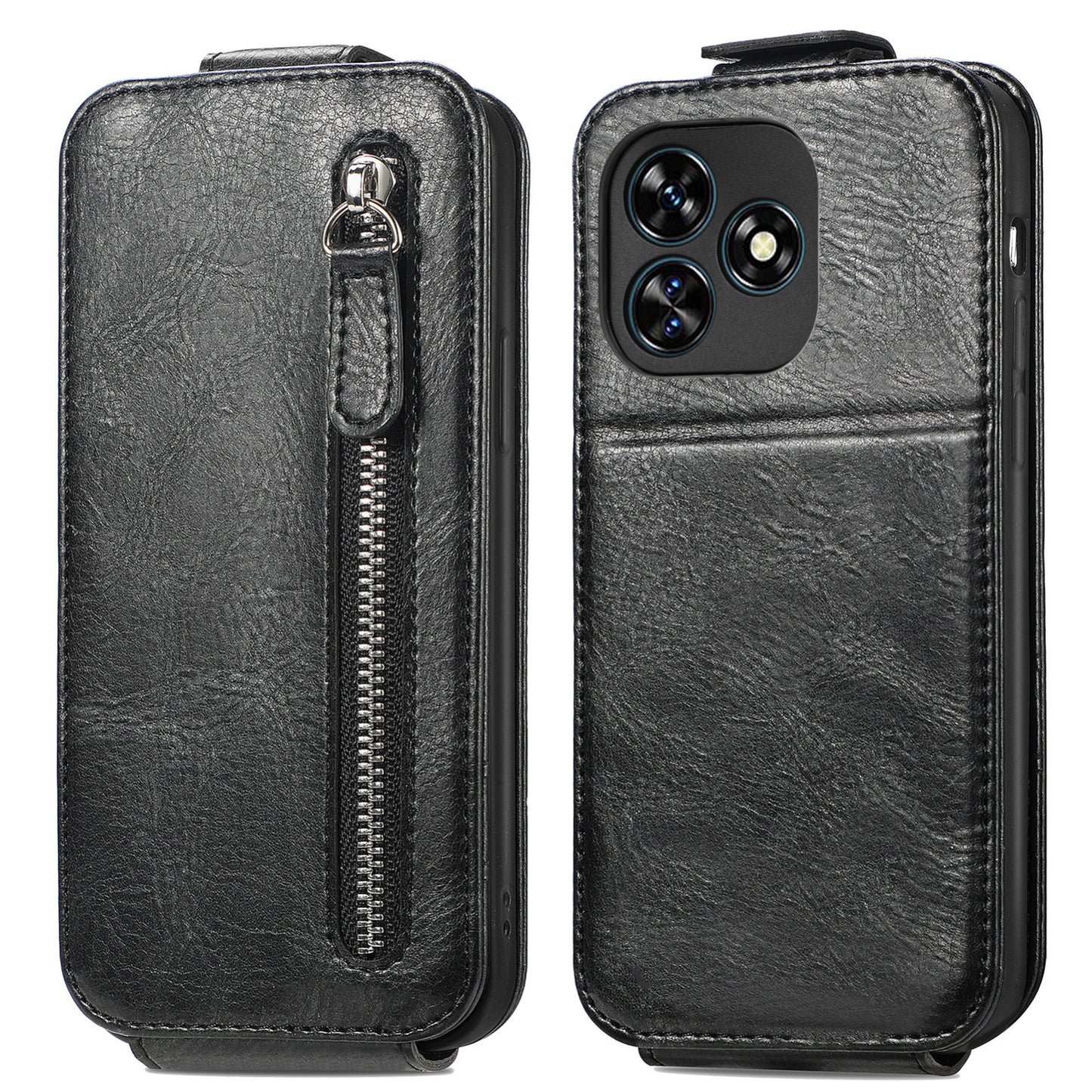 Oukitel C51 Zipper Wallet Case - Vertical Flip Leather Phone Cover with Multiple Card Slots and Stand