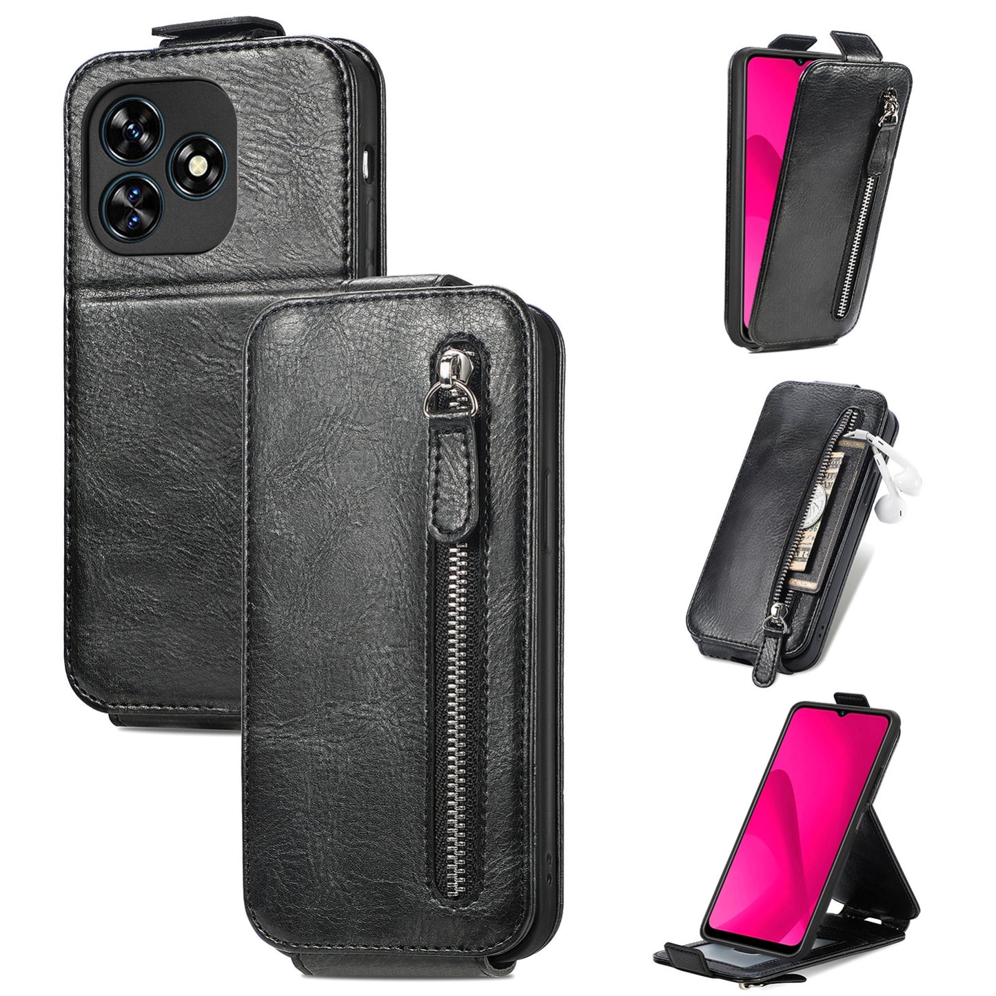 Oukitel C51 Zipper Wallet Case - Vertical Flip Leather Phone Cover with Multiple Card Slots and Stand