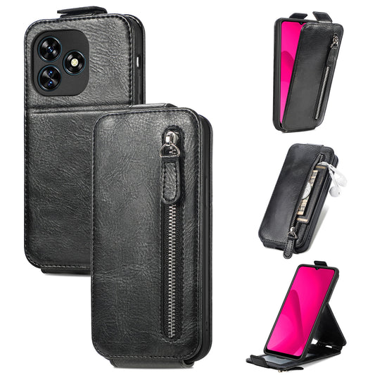 Oukitel C51 Zipper Wallet Case - Vertical Flip Leather Phone Cover with Multiple Card Slots and Stand