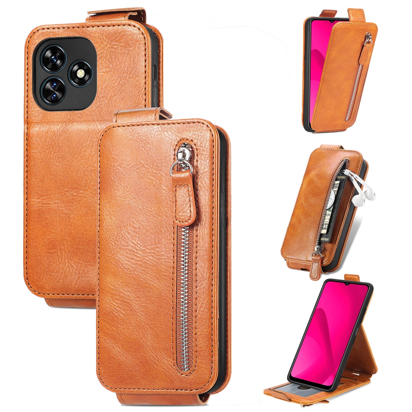 Oukitel C51 Zipper Wallet Case - Vertical Flip Leather Phone Cover with Multiple Card Slots and Stand