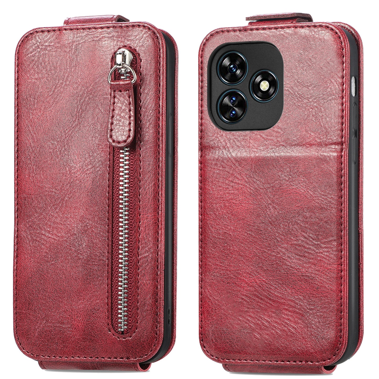Oukitel C51 Zipper Wallet Case - Vertical Flip Leather Phone Cover with Multiple Card Slots and Stand