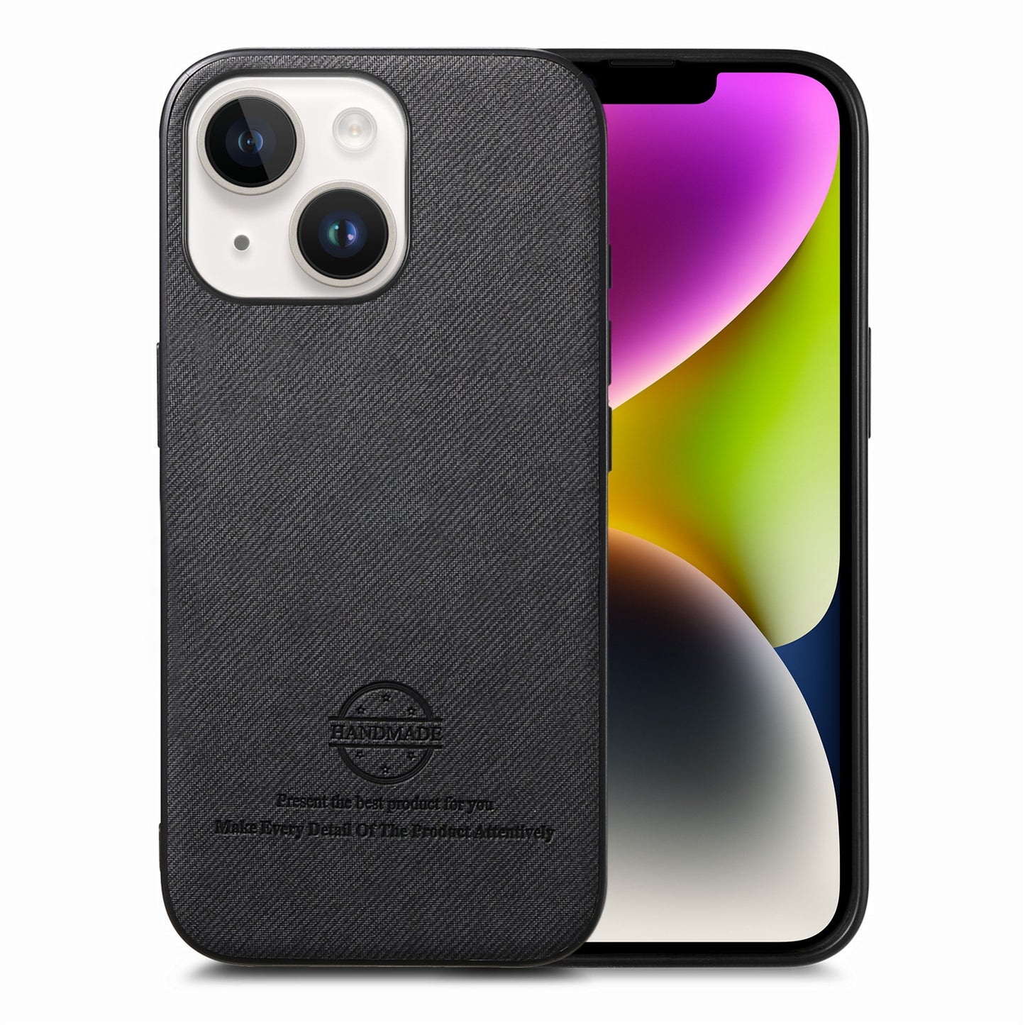 iPhone 14 Plus Case - Vegan Leather and Twill Fabric Skin with Anti-Scratch and Drop Protection Back Phone Case