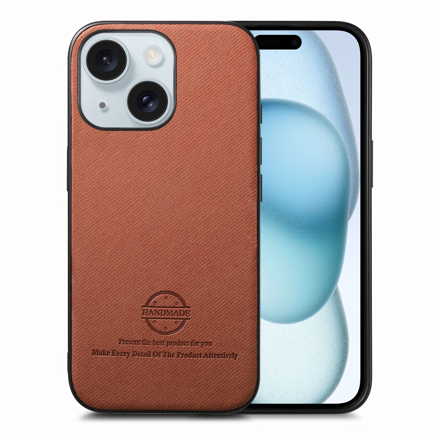 iPhone 15 Plus Case - Vegan Leather and Twill Fabric Skin with Anti-Scratch and Drop Protection Back Phone Case