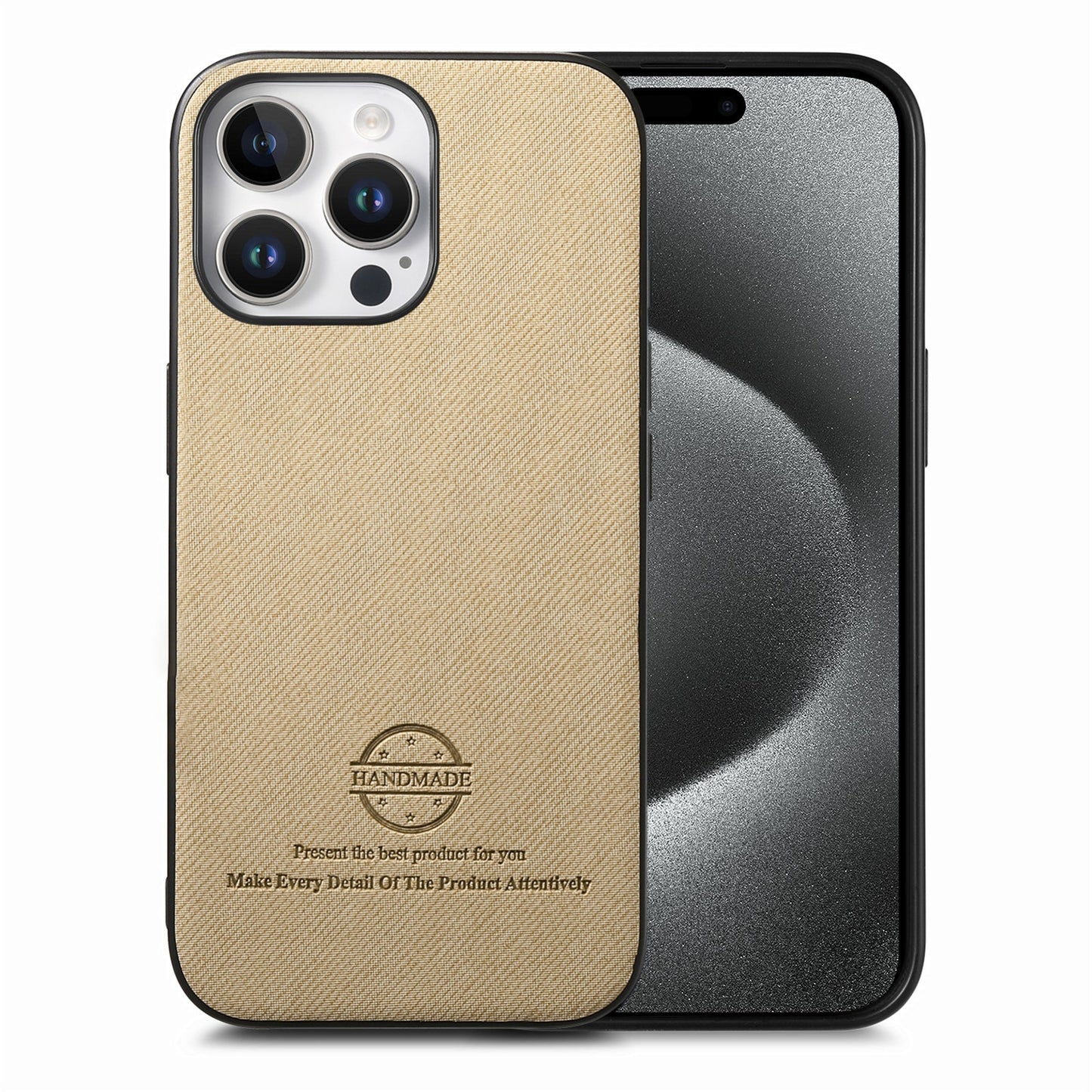 iPhone 15 Pro Max Case - Vegan Leather and Twill Fabric Skin with Anti-Scratch and Drop Protection Back Phone Case