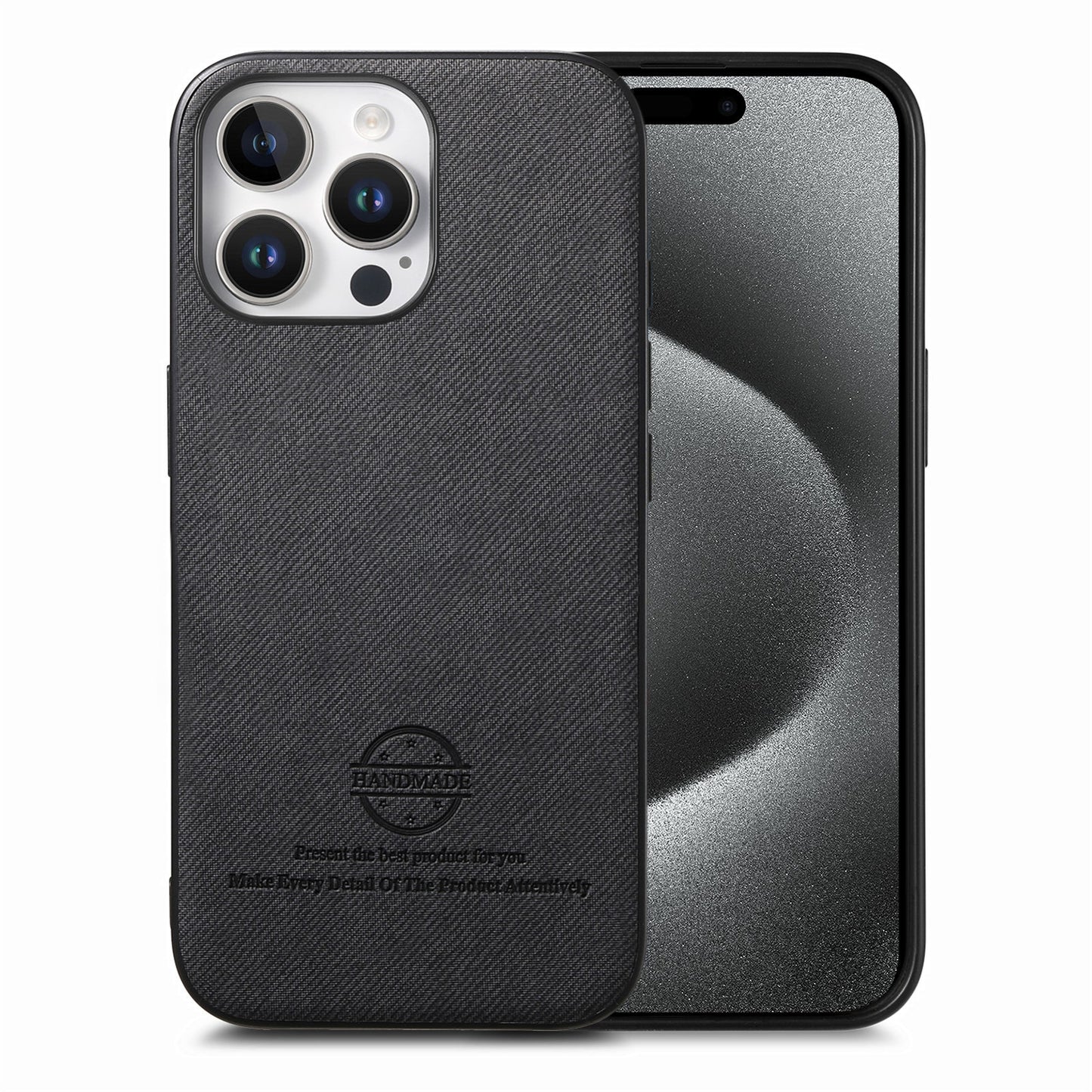iPhone 15 Pro Max Case - Vegan Leather and Twill Fabric Skin with Anti-Scratch and Drop Protection Back Phone Case