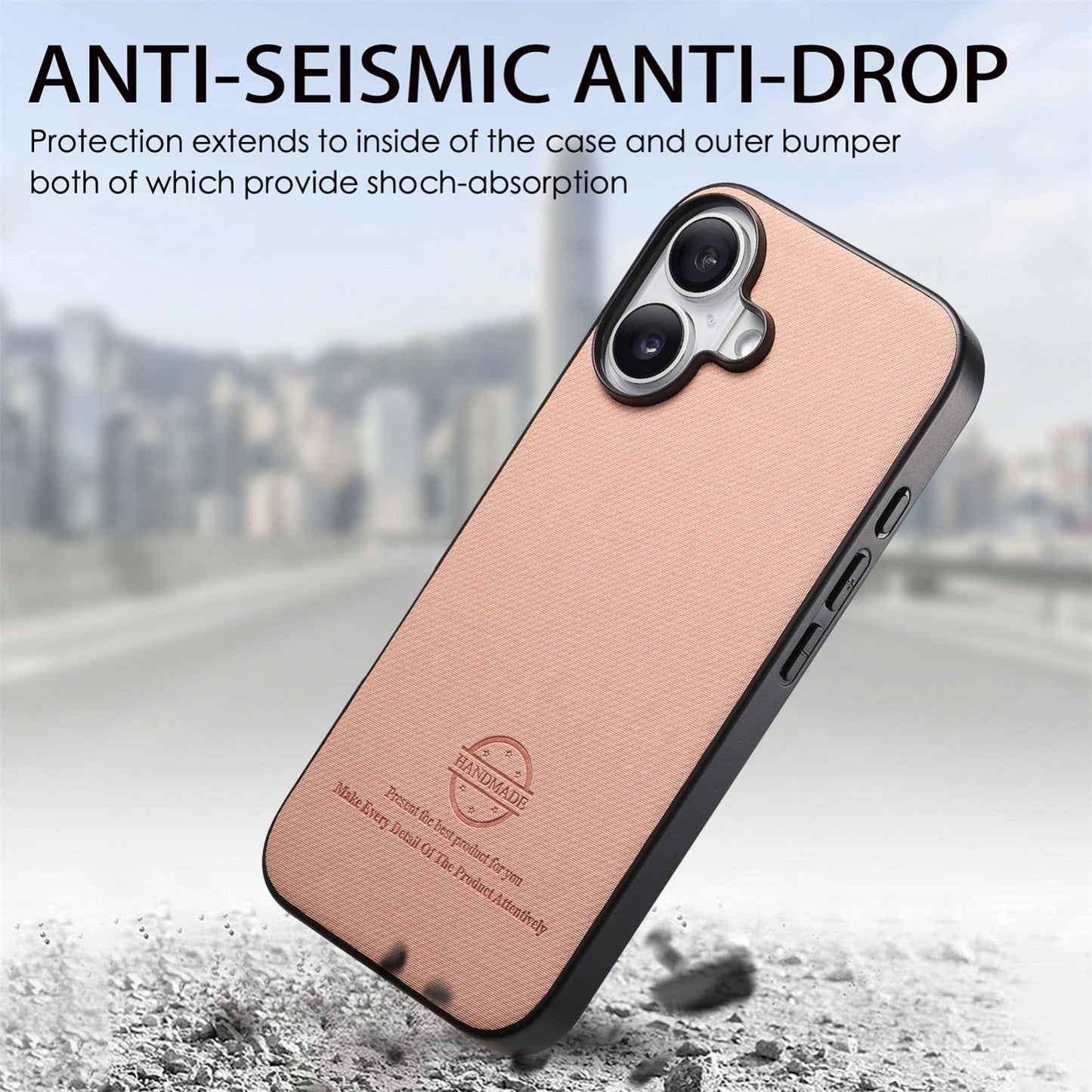 iPhone 16 Case - Vegan Leather and Twill Fabric Skin with Anti-Scratch and Drop Protection Back Phone Case