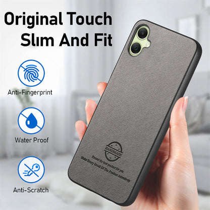 Samsung Galaxy F04 Case - Vegan Leather and Twill Fabric Skin with Anti-Scratch and Drop Protection Back Phone Case