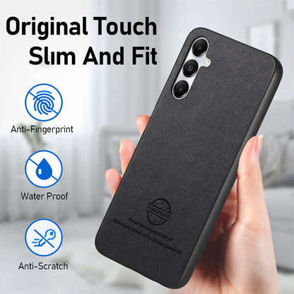 Samsung Galaxy A15 Case - Vegan Leather and Twill Fabric Skin with Anti-Scratch and Drop Protection Back Phone Case