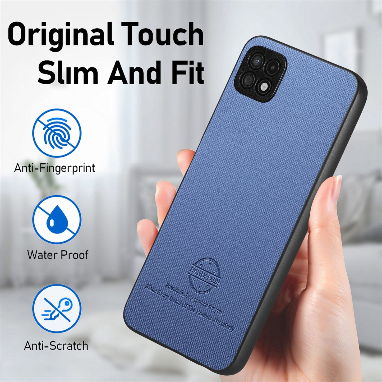 Samsung Galaxy A22 4G Case - Vegan Leather and Twill Fabric Skin with Anti-Scratch and Drop Protection Back Phone Case