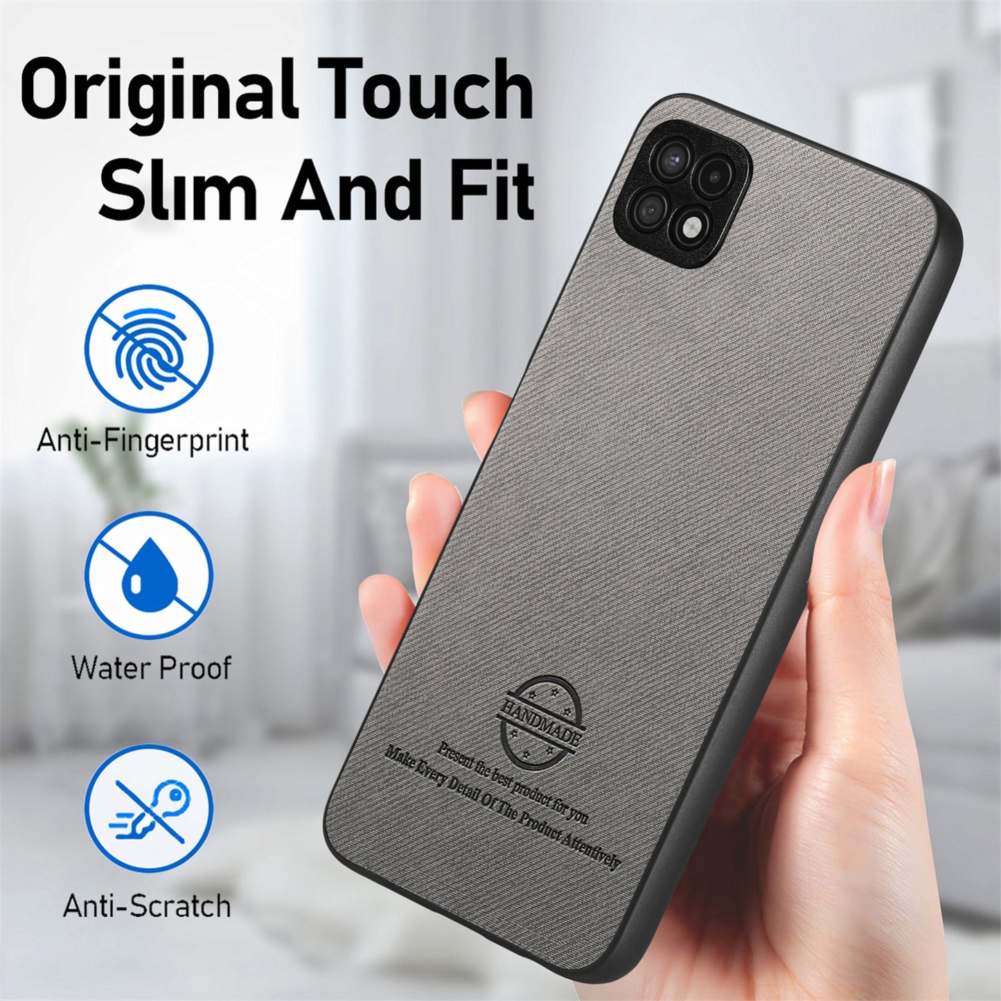 Samsung Galaxy A22 4G Case - Vegan Leather and Twill Fabric Skin with Anti-Scratch and Drop Protection Back Phone Case