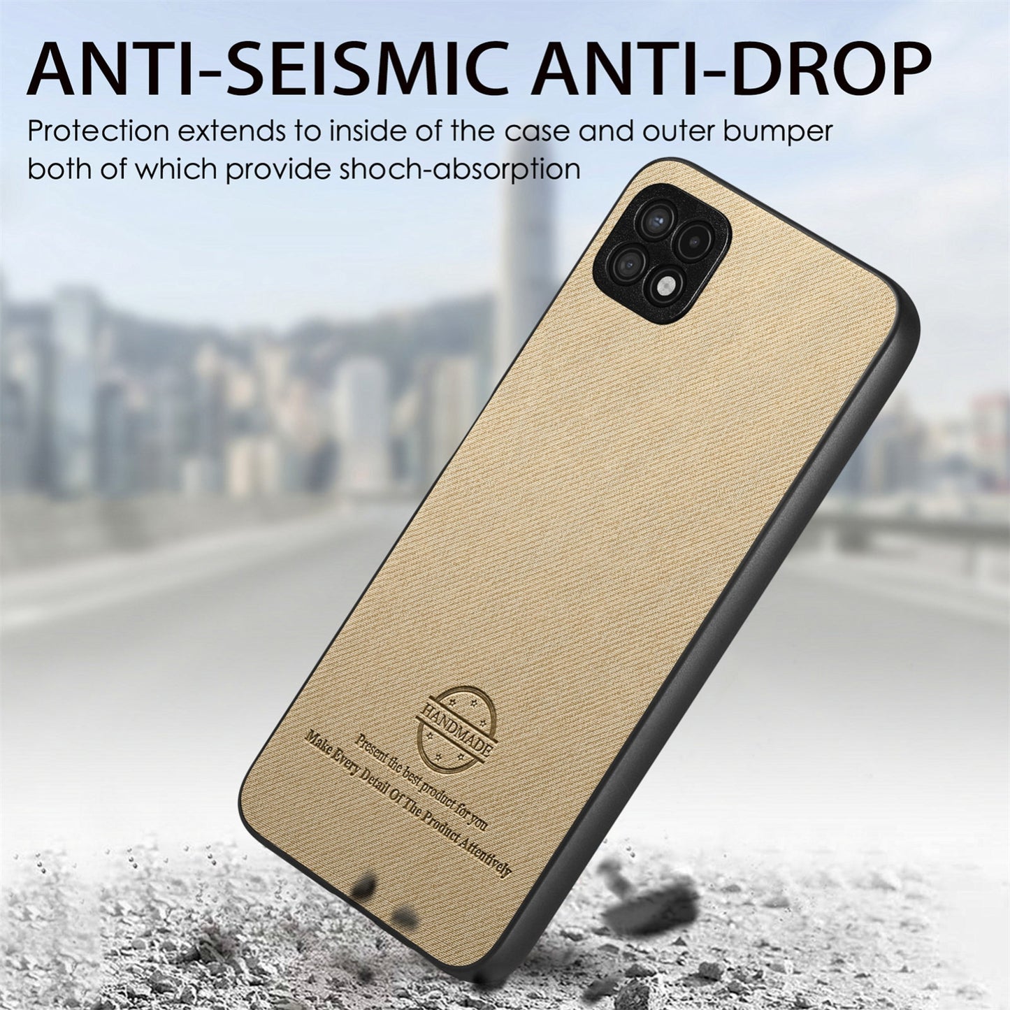 Samsung Galaxy A22 4G Case - Vegan Leather and Twill Fabric Skin with Anti-Scratch and Drop Protection Back Phone Case