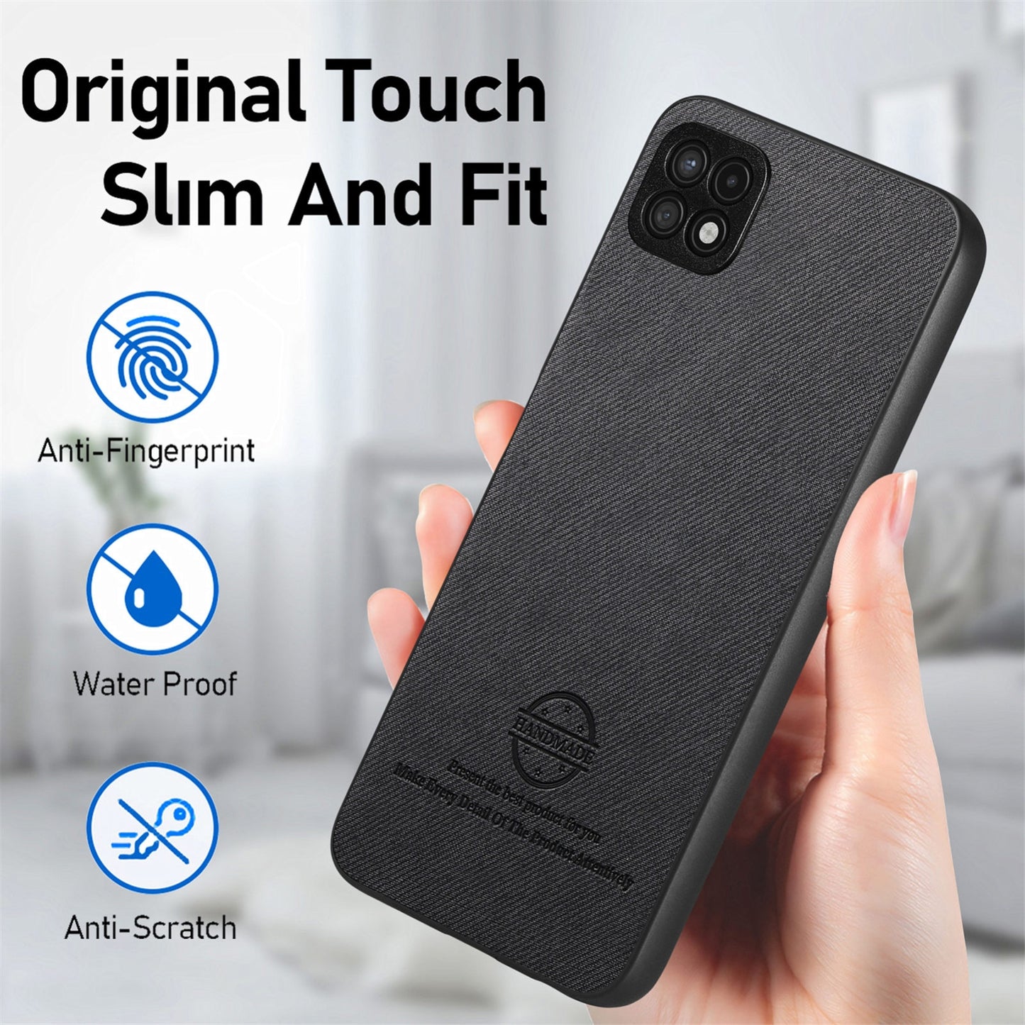Samsung Galaxy A22 5G Case - Vegan Leather and Twill Fabric Skin with Anti-Scratch and Drop Protection Back Phone Case