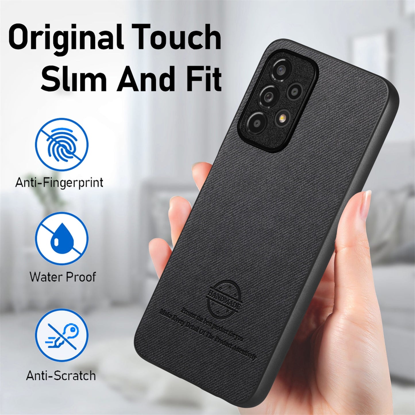 Samsung Galaxy A52 Case - Vegan Leather and Twill Fabric Skin with Anti-Scratch and Drop Protection Back Phone Case