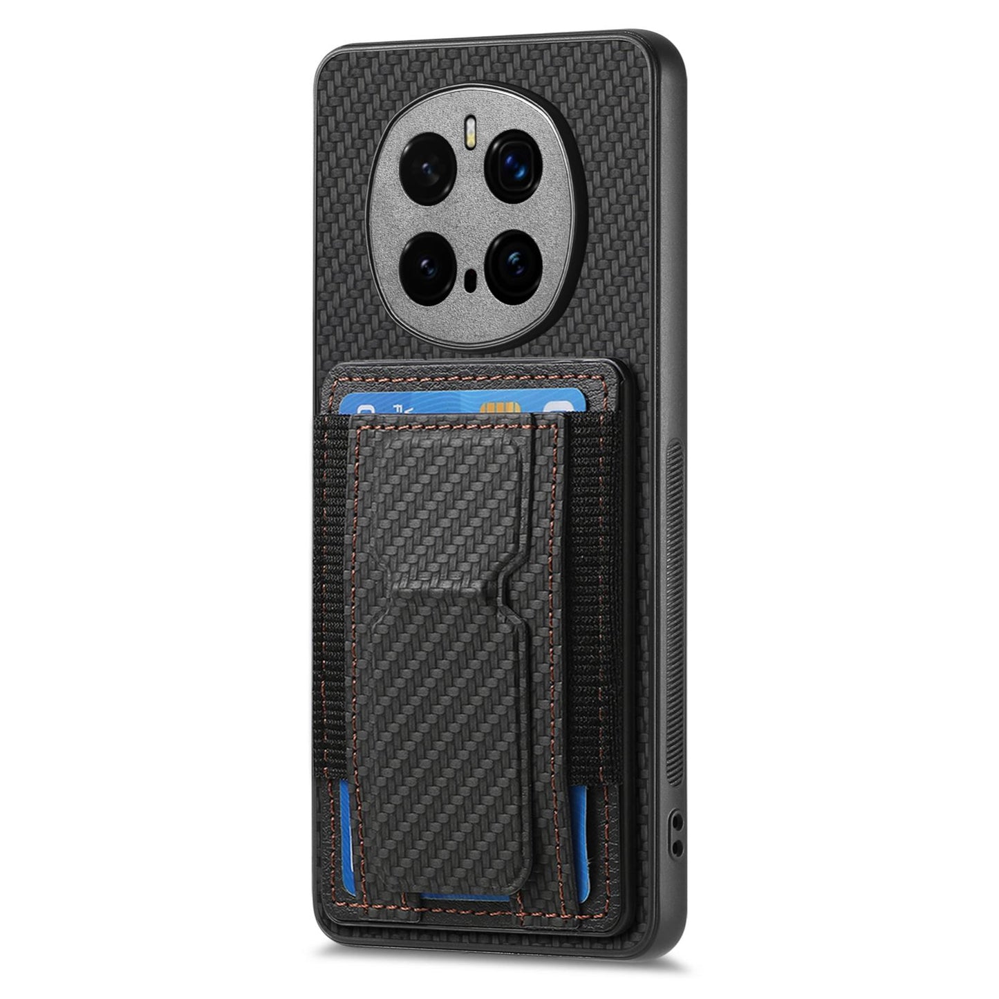 Honor Magic7 Pro Carbon Fiber Fold Stand Elastic Card Bag Phone Case with Multi-Functional Wallet