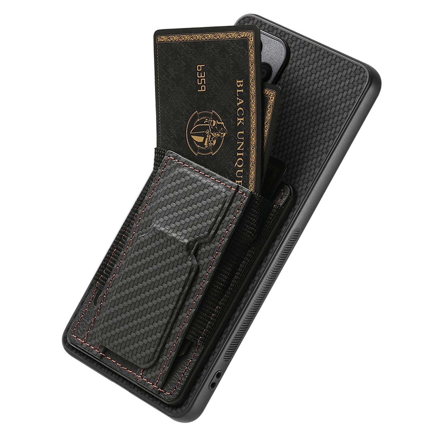Honor Magic7 Pro Carbon Fiber Fold Stand Elastic Card Bag Phone Case with Multi-Functional Wallet