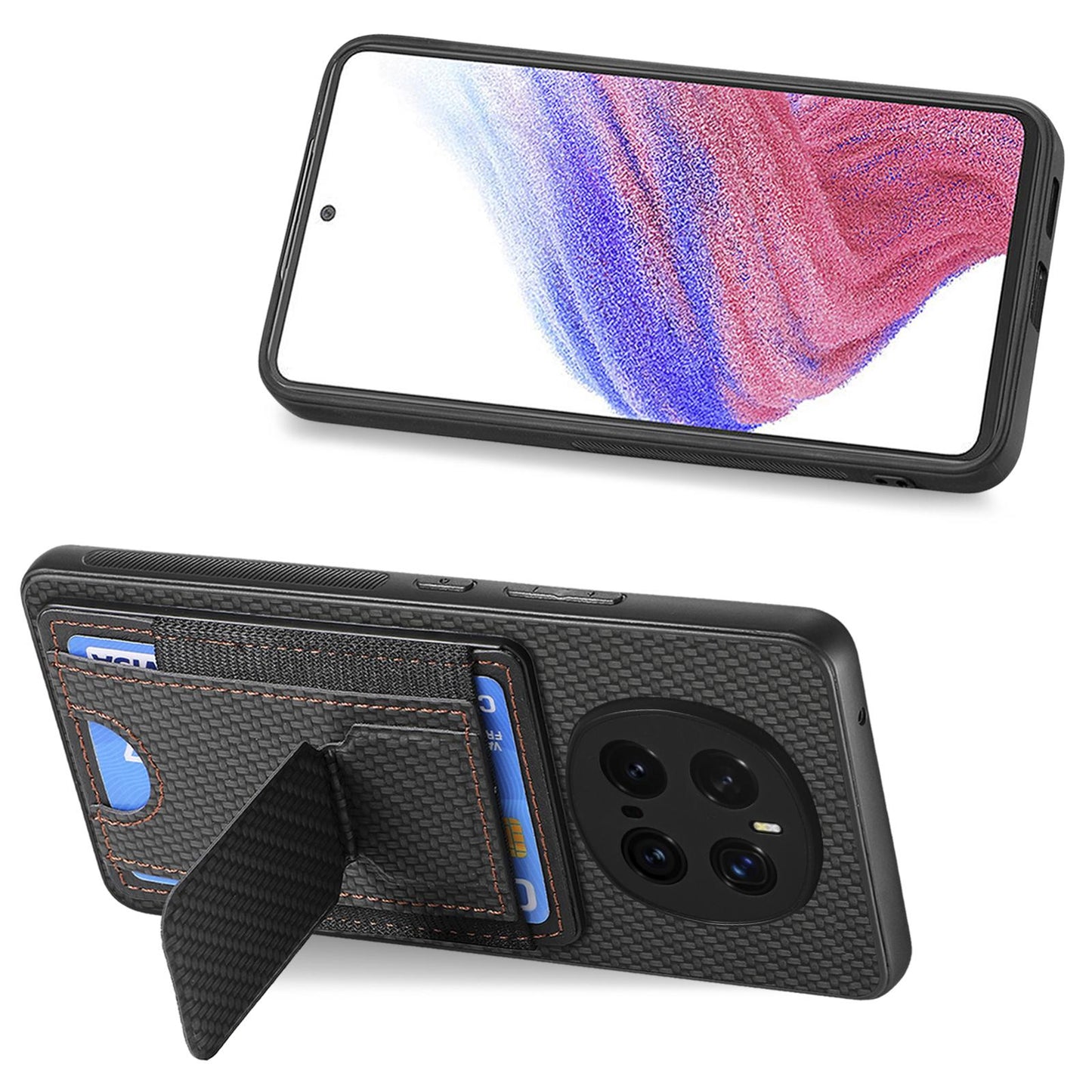 Honor Magic7 Pro Carbon Fiber Fold Stand Elastic Card Bag Phone Case with Multi-Functional Wallet